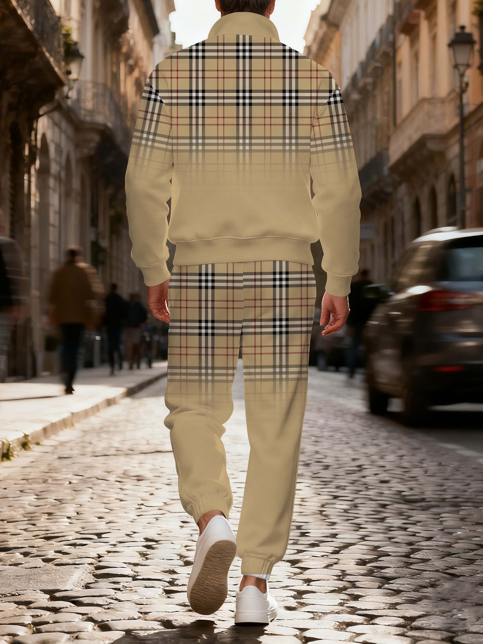 Men's stylish casual khaki checkered zipper long-sleeved two-piece set