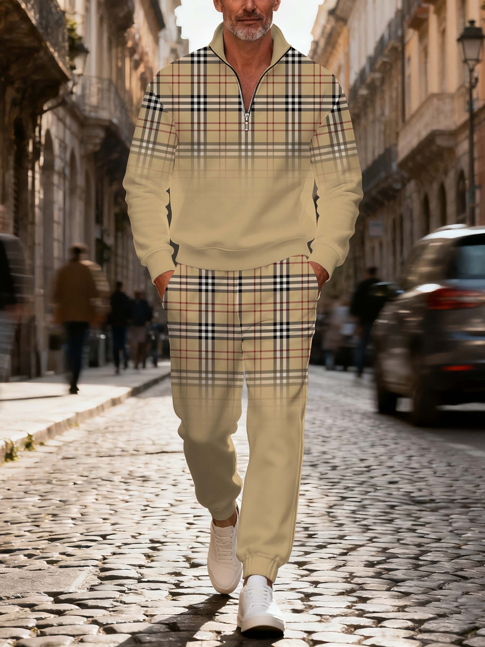 Men's stylish casual khaki checkered zipper long-sleeved two-piece set