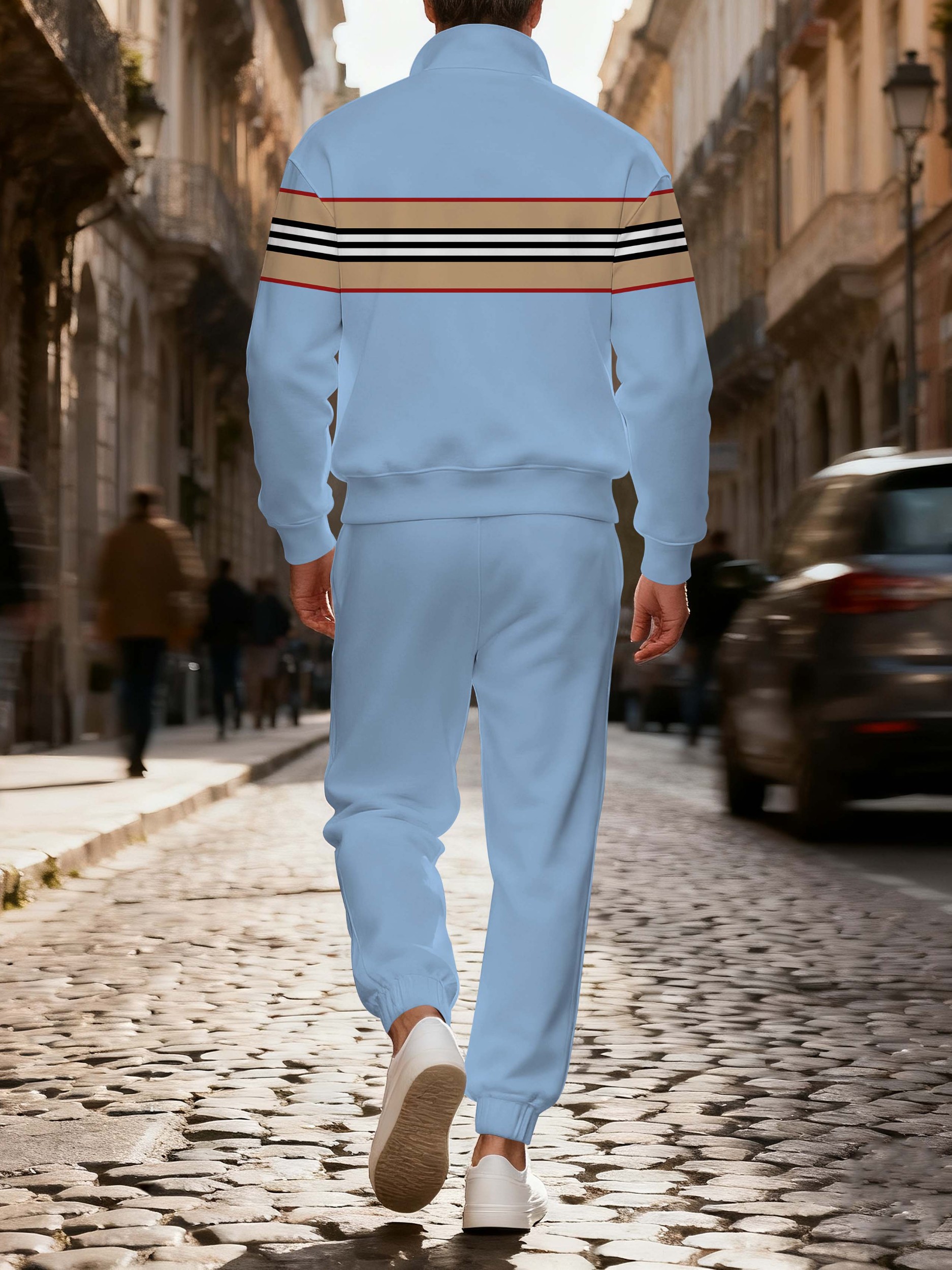 Men's stylish casual striped zipper long-sleeved two-piece set