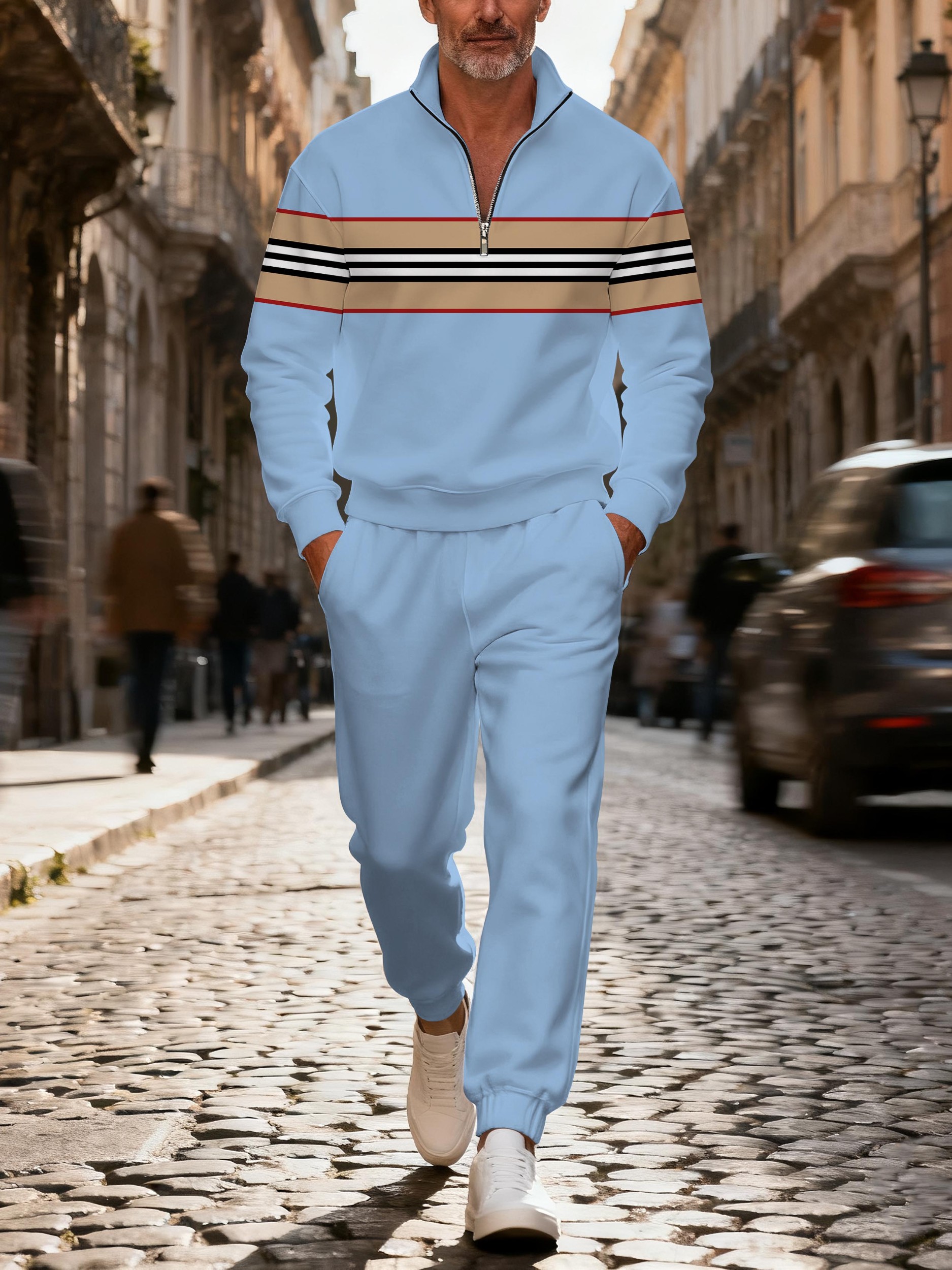 Men's stylish casual striped zipper long-sleeved two-piece set