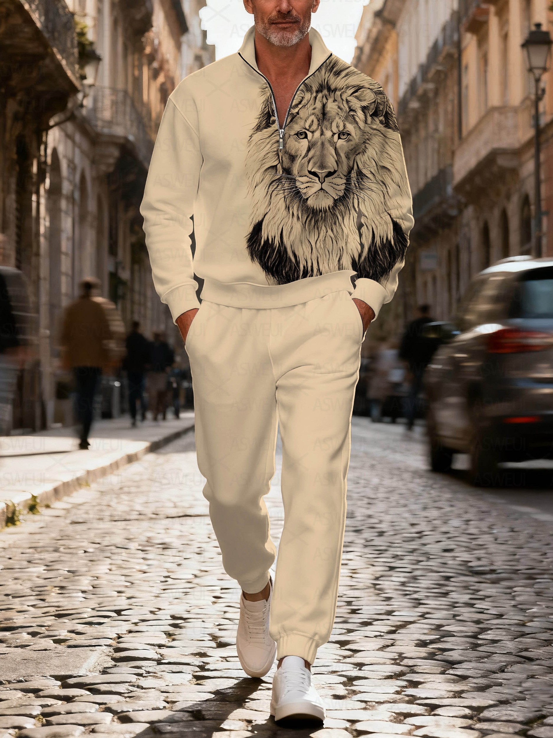 Men's stylish casual khaki-colored lion print zipper long-sleeved two-piece set