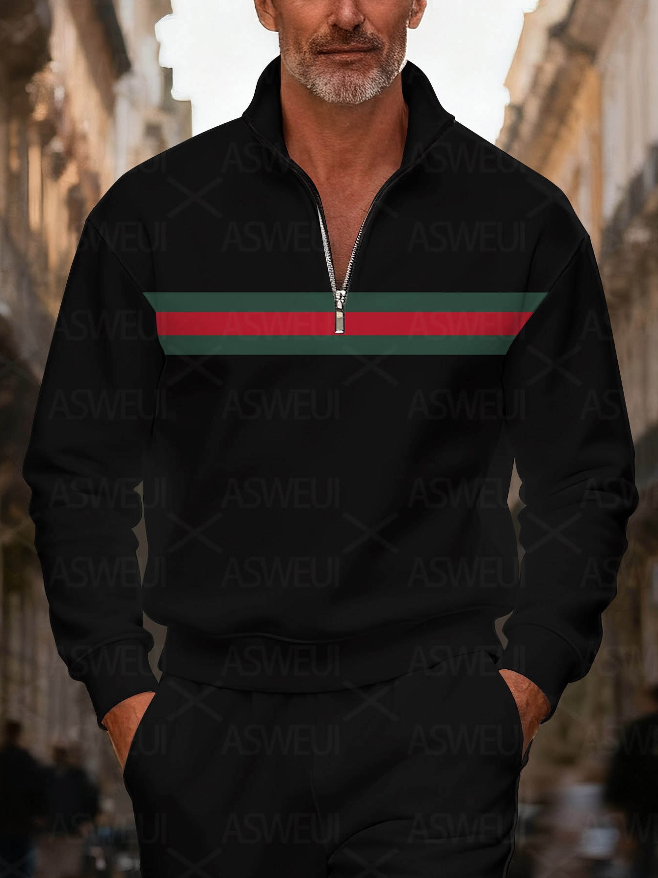 Men's stylish casual black lines print zipper long-sleeved two-piece set