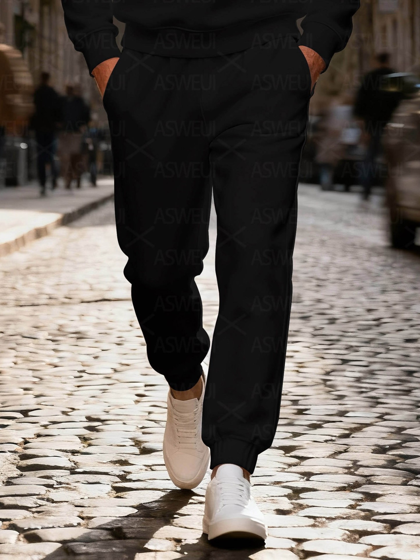 Men's stylish casual black lines print zipper long-sleeved two-piece set