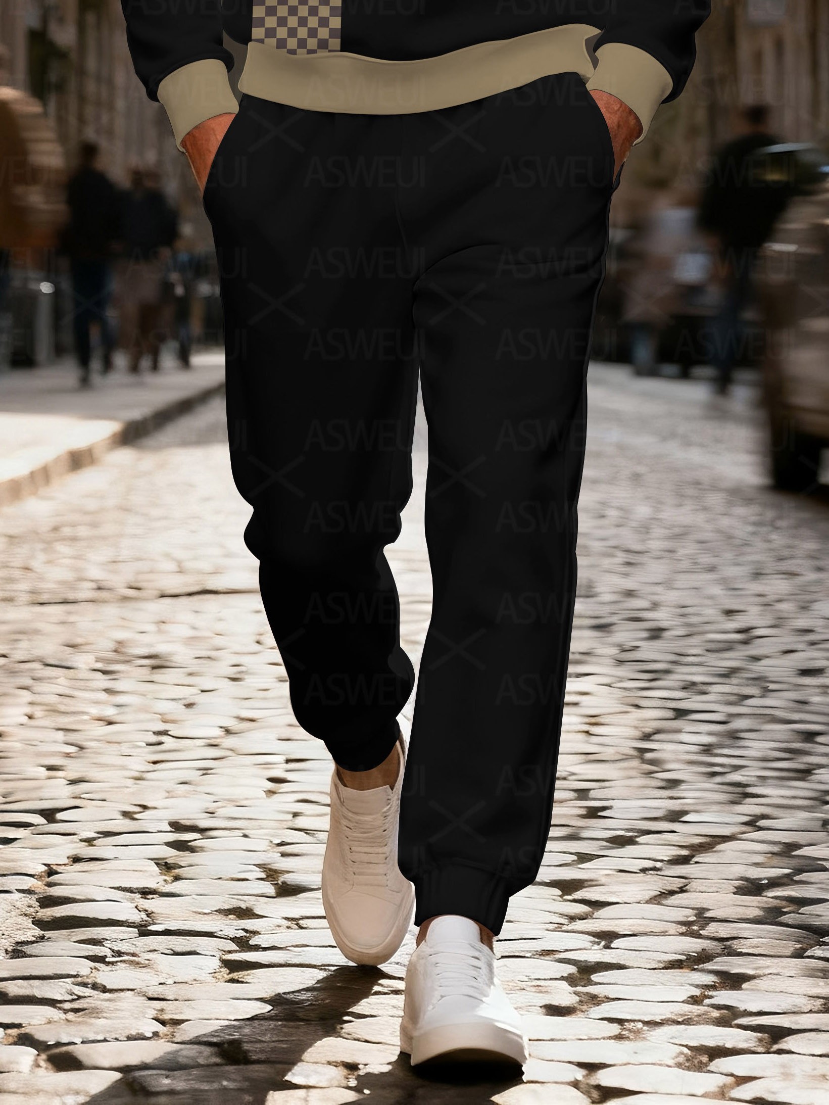 Men's fashionable casual black printed zipper long-sleeved two-piece set