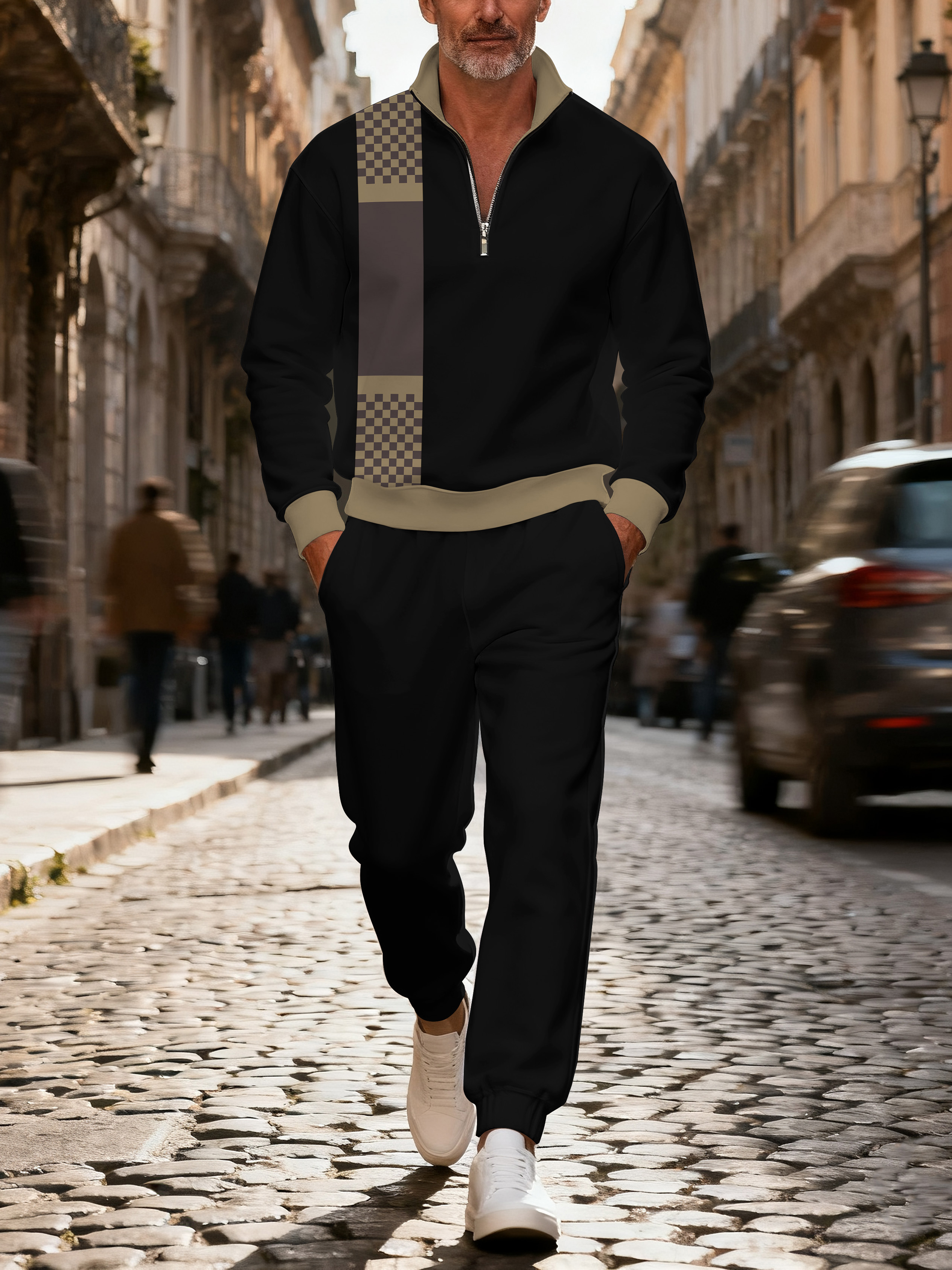 Men's fashionable casual black printed zipper long-sleeved two-piece set