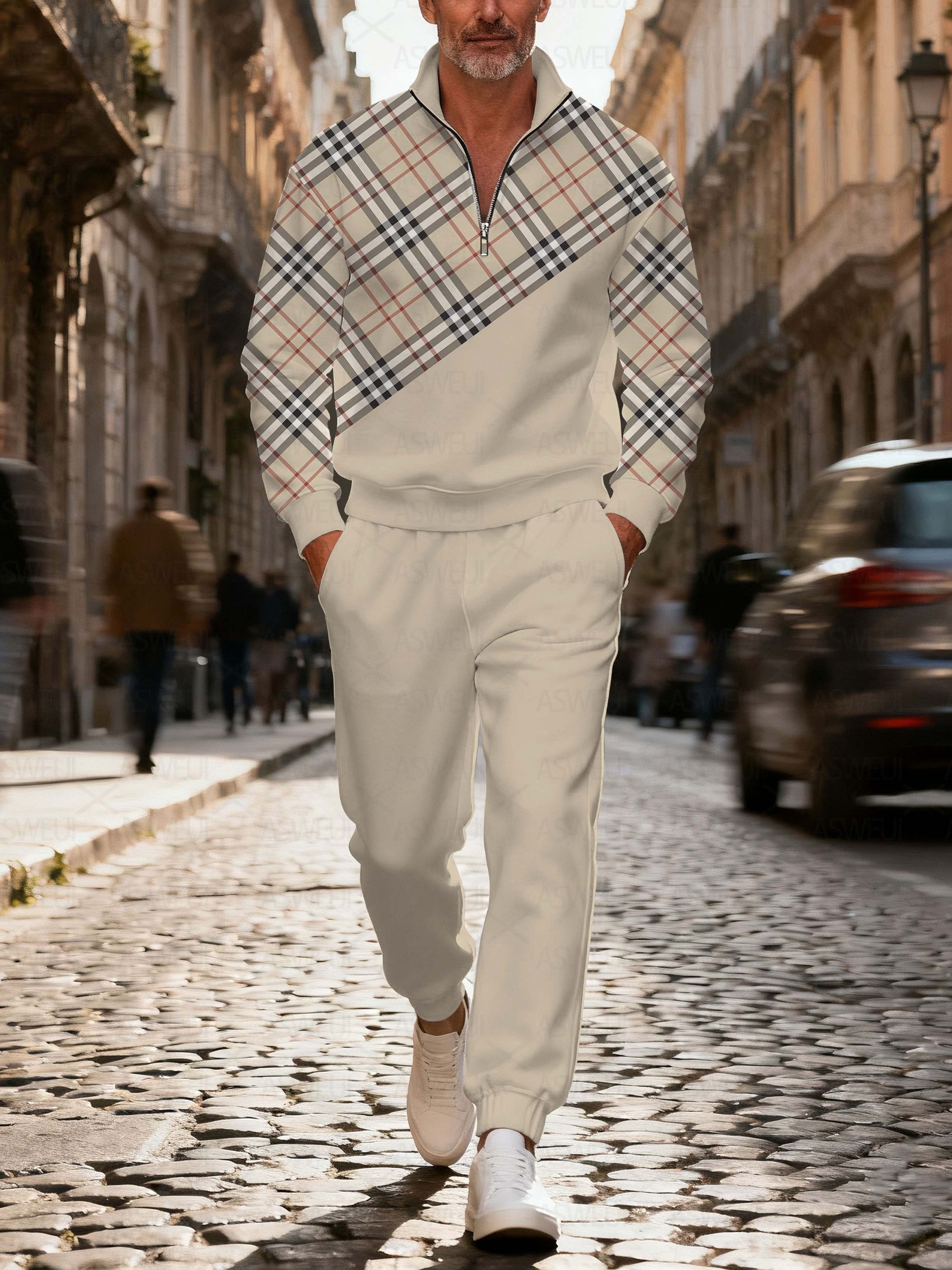 Men's stylish casual khaki checkered print zipper long-sleeved two-piece set