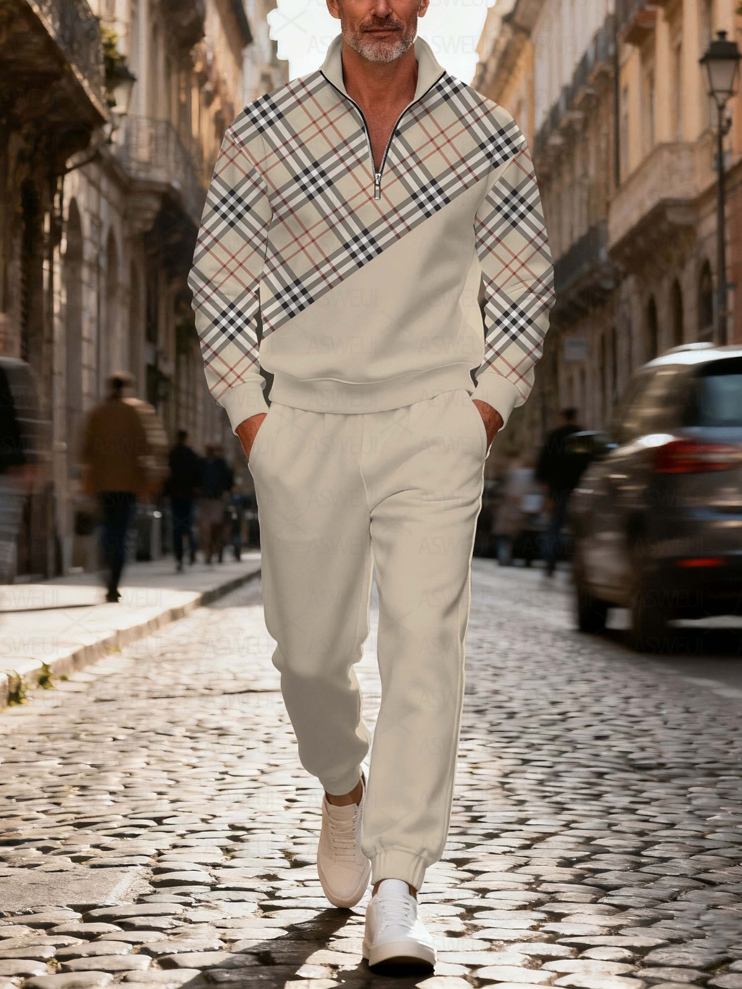 Men's stylish casual khaki checkered print zipper long-sleeved two-pie