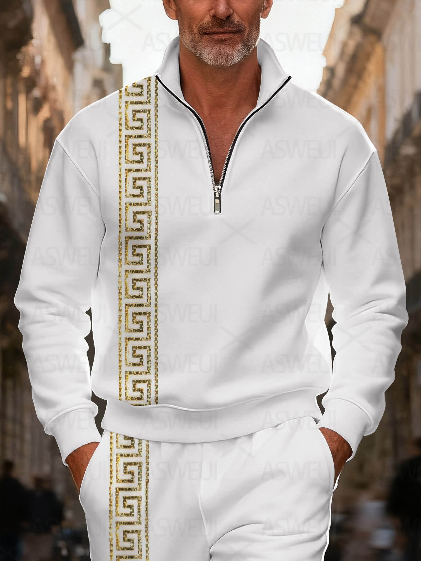 Men's fashionable casual white geometric print zipper long-sleeved two-piece set