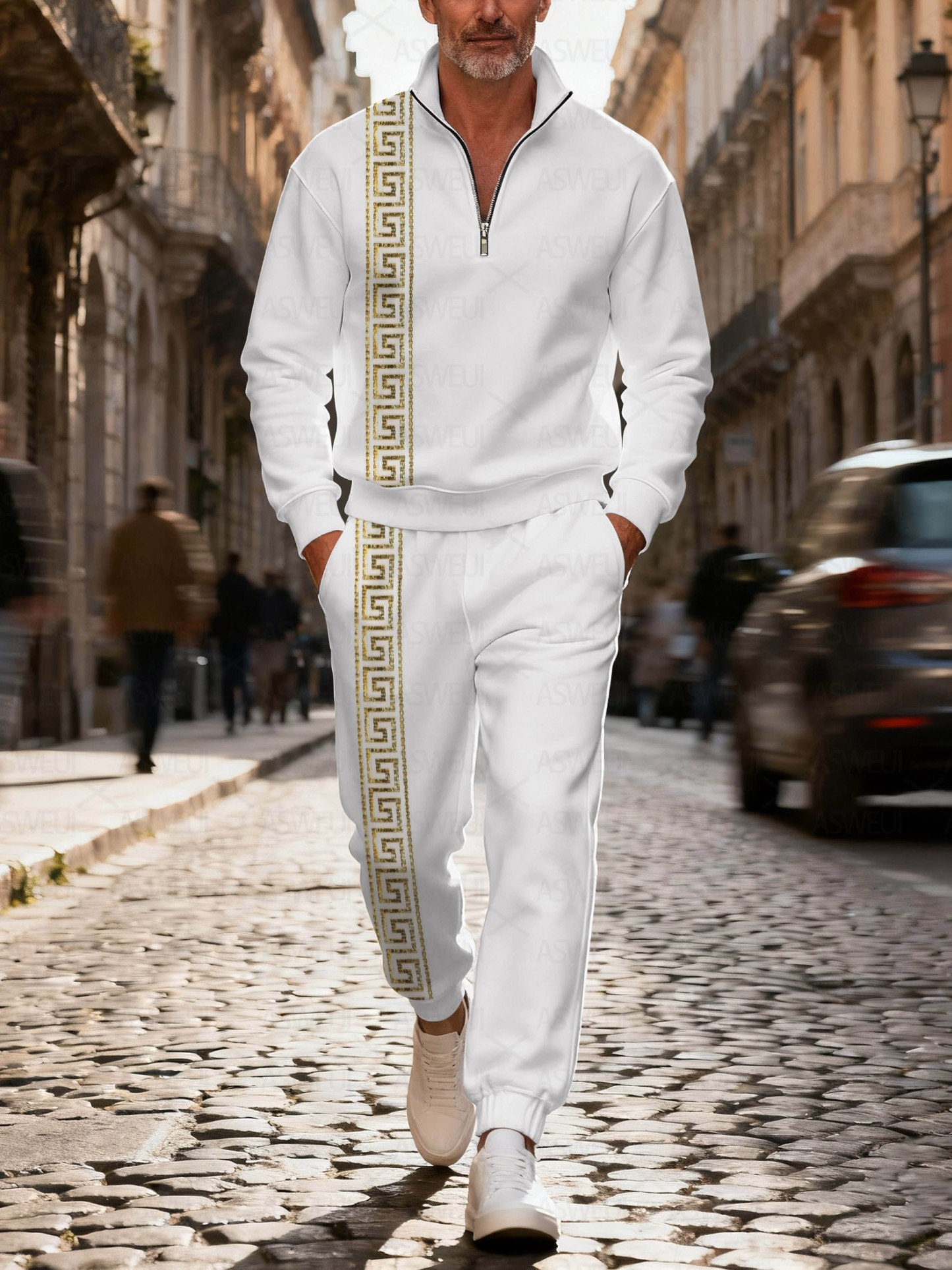 Men's fashionable casual white geometric print zipper long-sleeved two