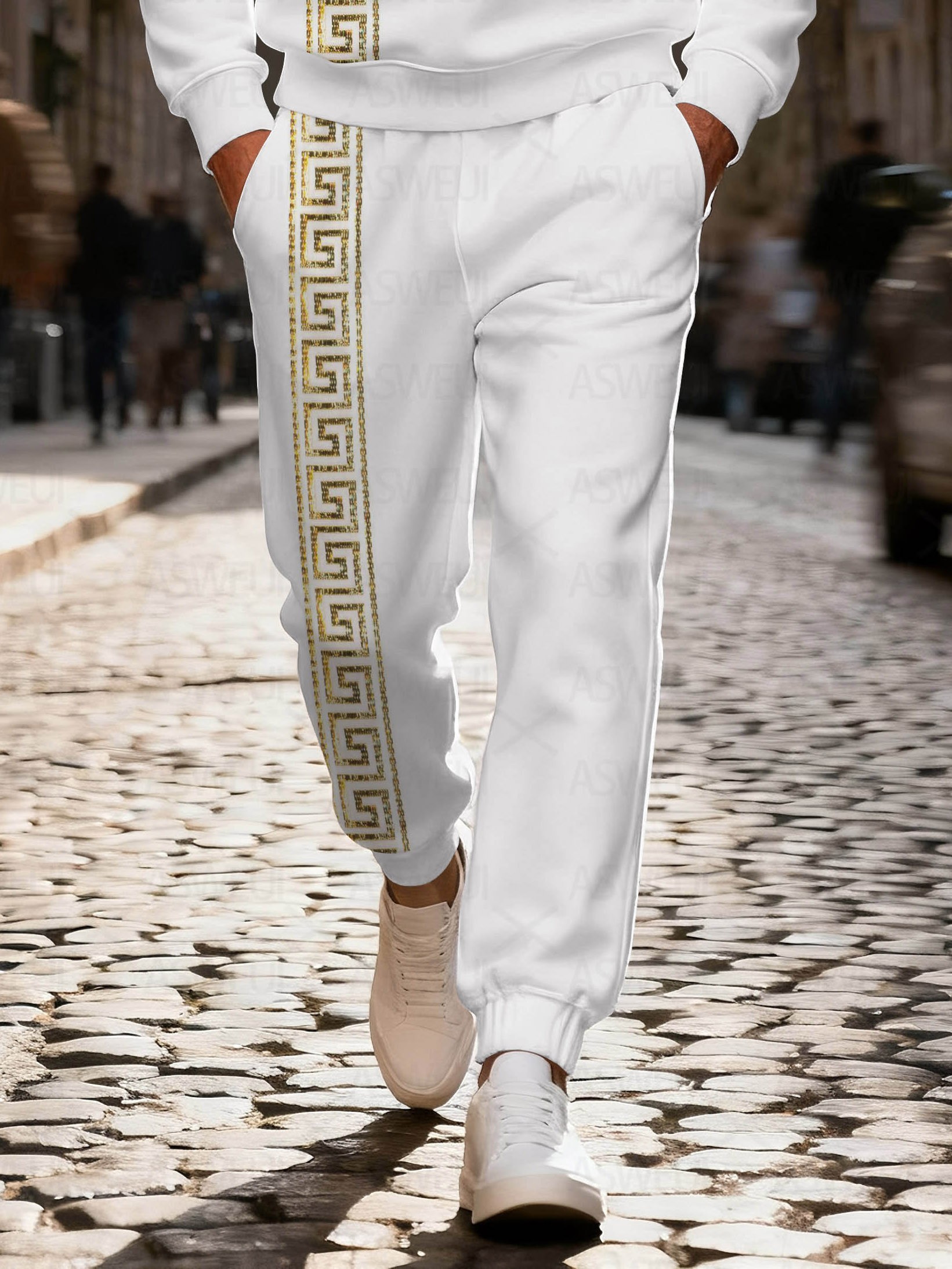 Men's fashionable casual white geometric print zipper long-sleeved two-piece set