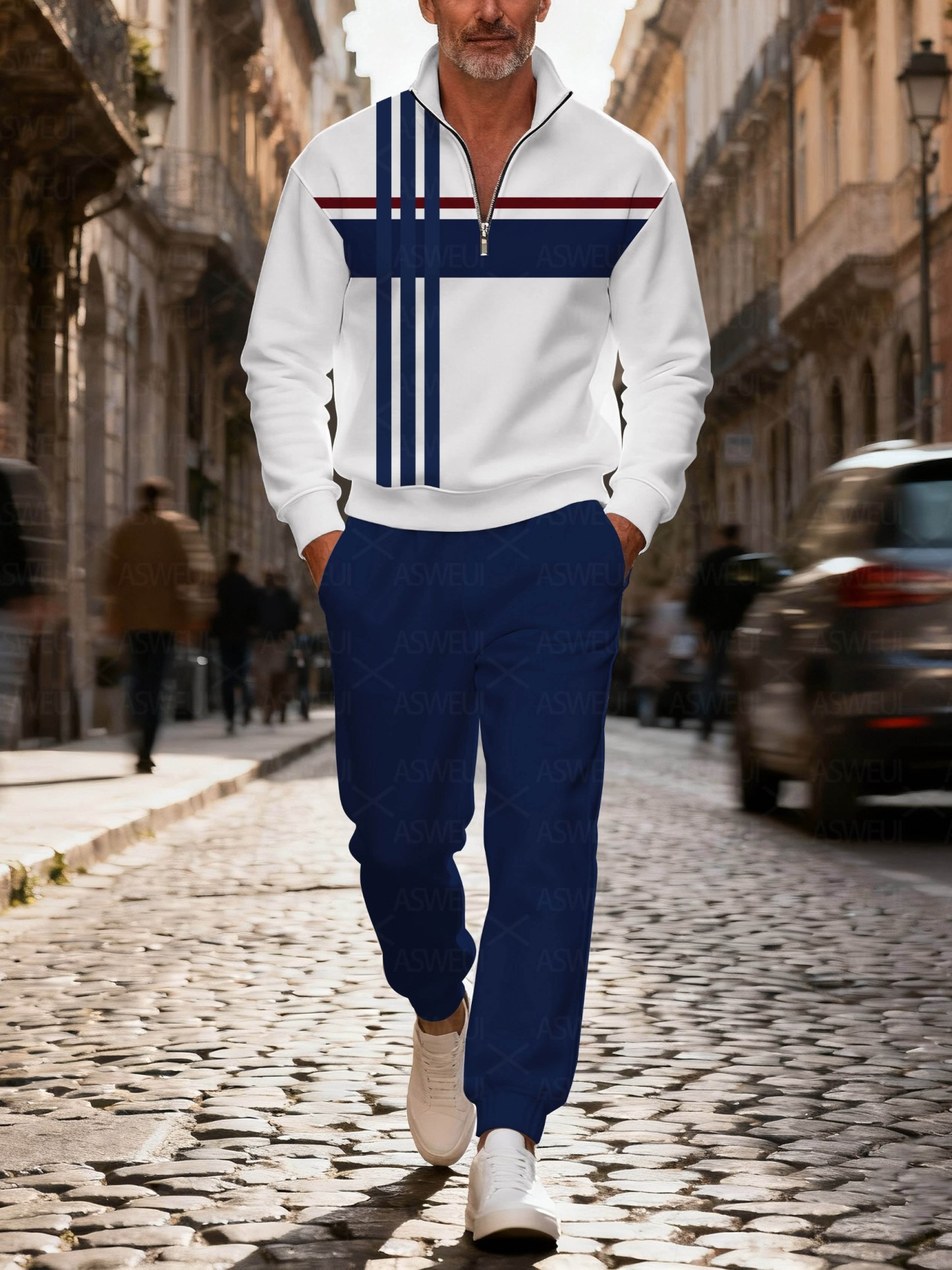 Men's fashionable casual blue and white geometric print zipper long-sl