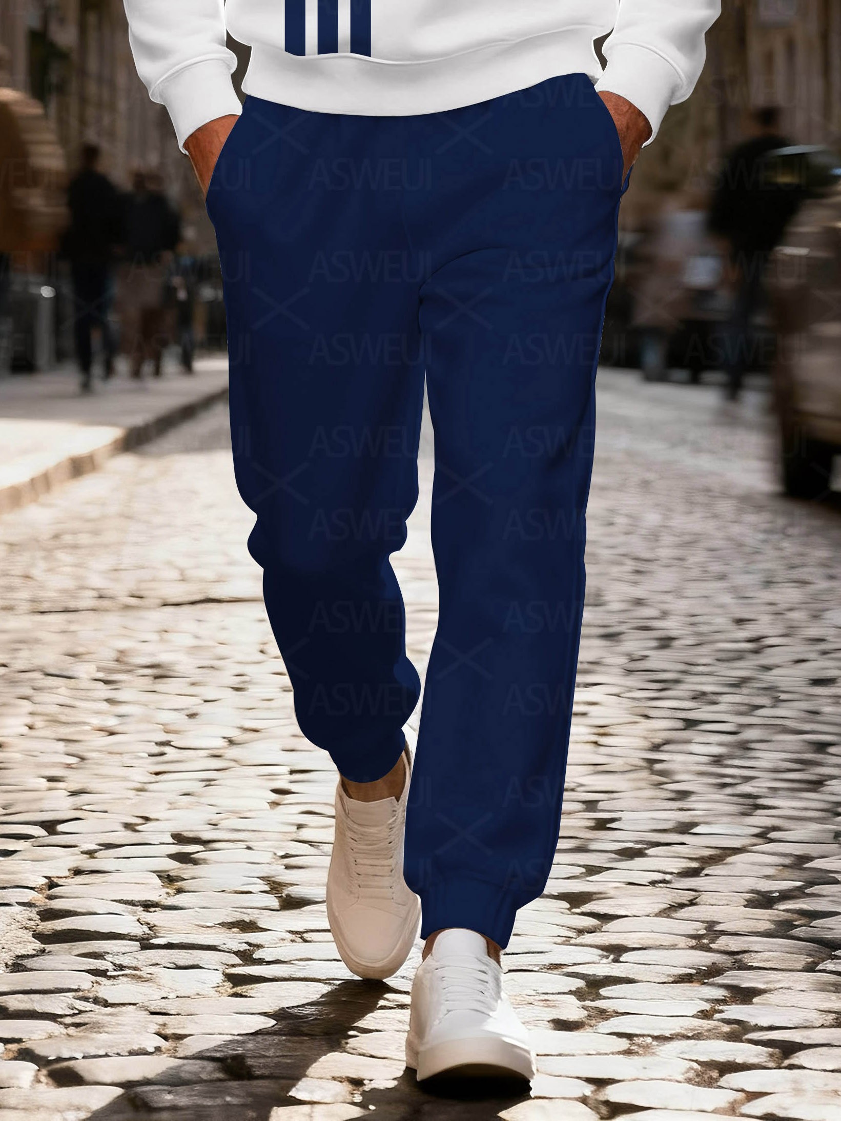 Men's fashionable casual blue and white geometric print zipper long-sleeved two-piece set