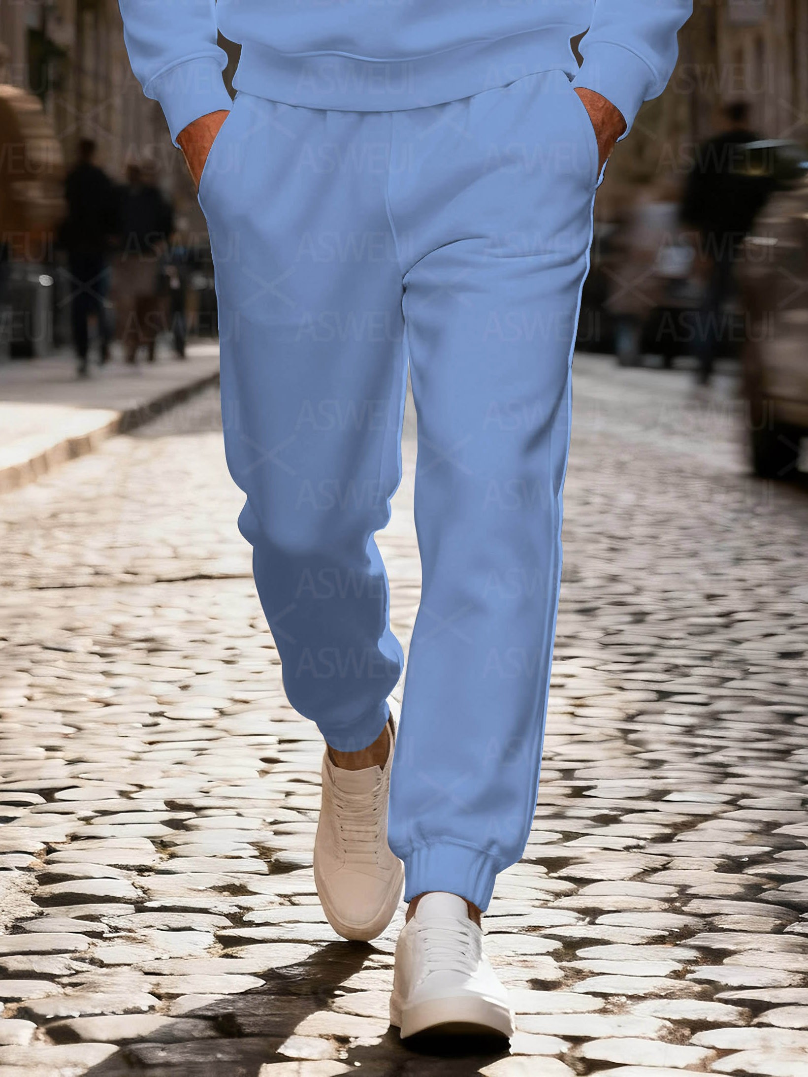 Men's fashionable casual blue and white printed zipper long-sleeved two-piece set