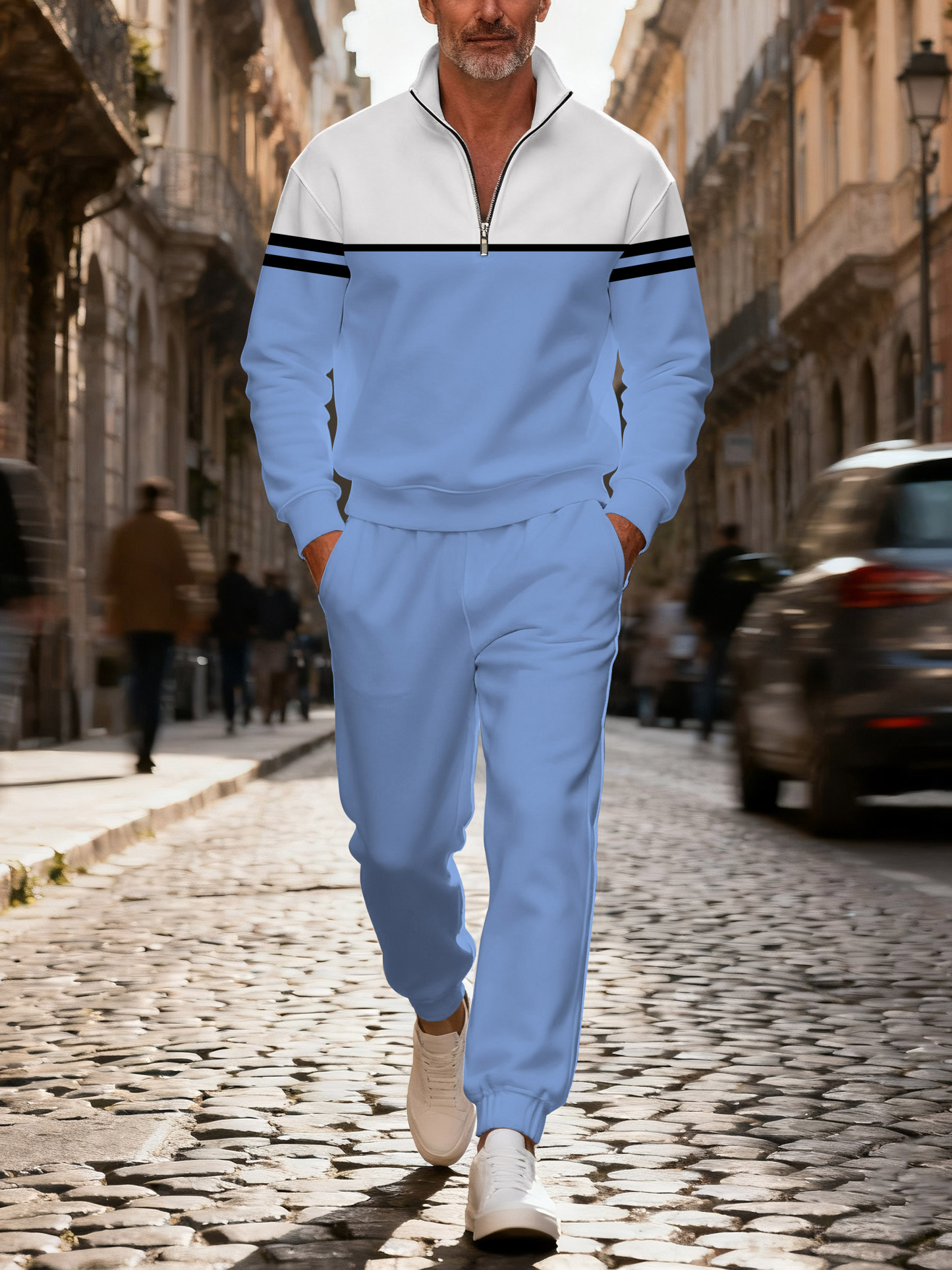 Men's fashionable casual blue and white printed zipper long-sleeved tw