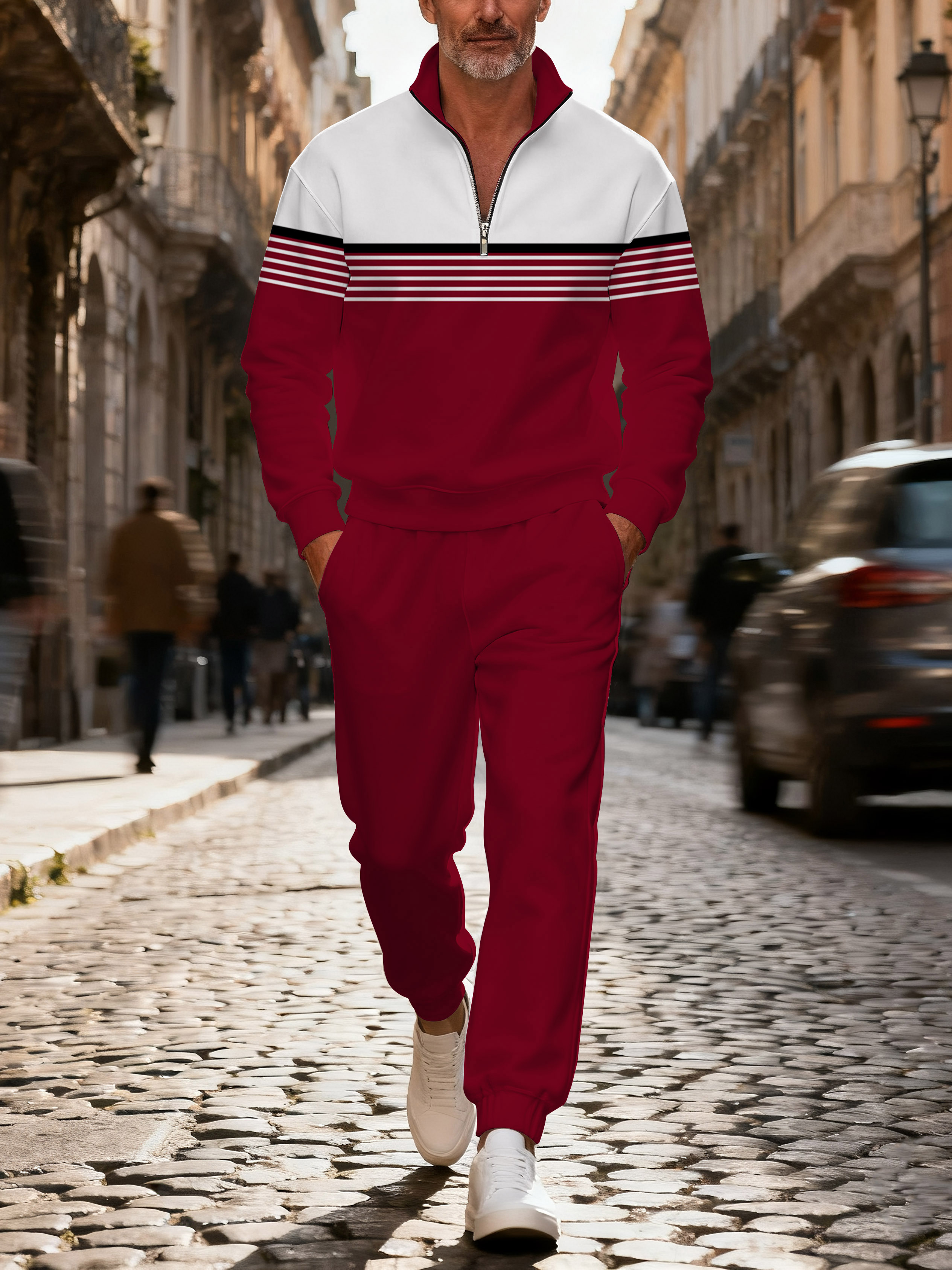 Men's fashionable casual red printed zipper long-sleeved two-piece set