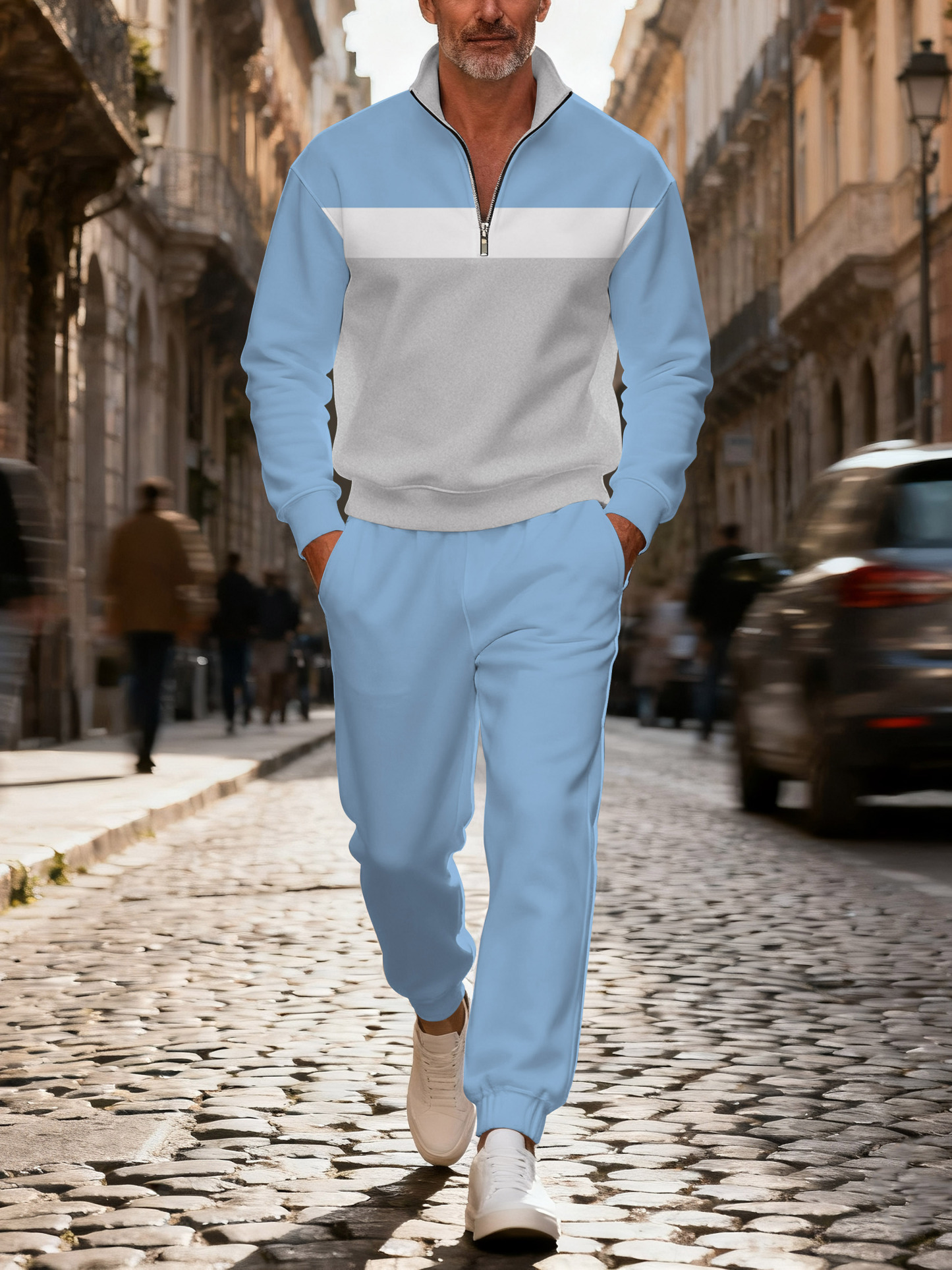 Men's fashionable casual multi-color printed zipper long-sleeved two-p