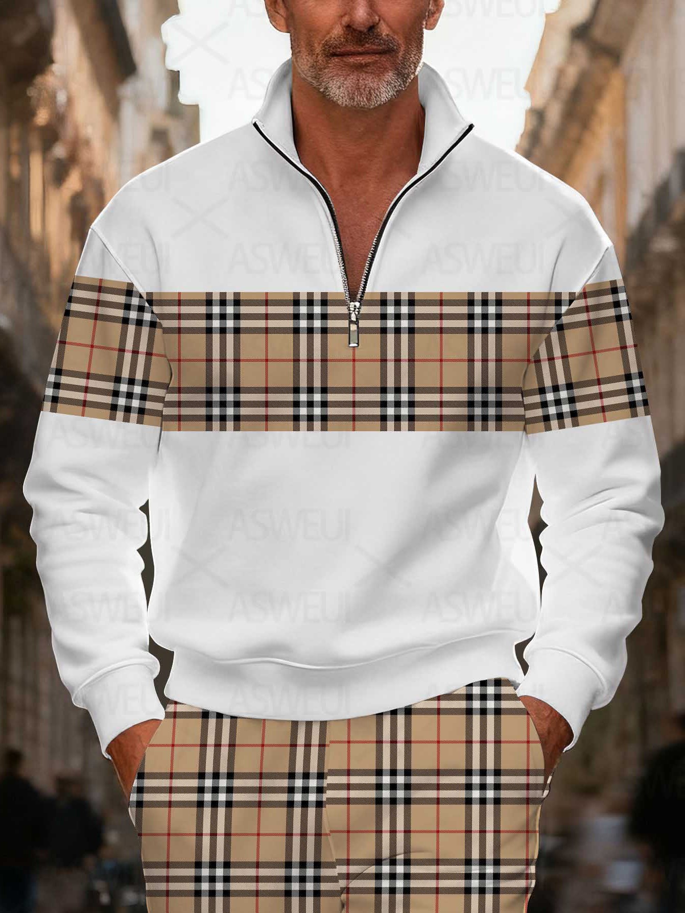 Men's stylish casual checkered print zipper long-sleeved two-piece set