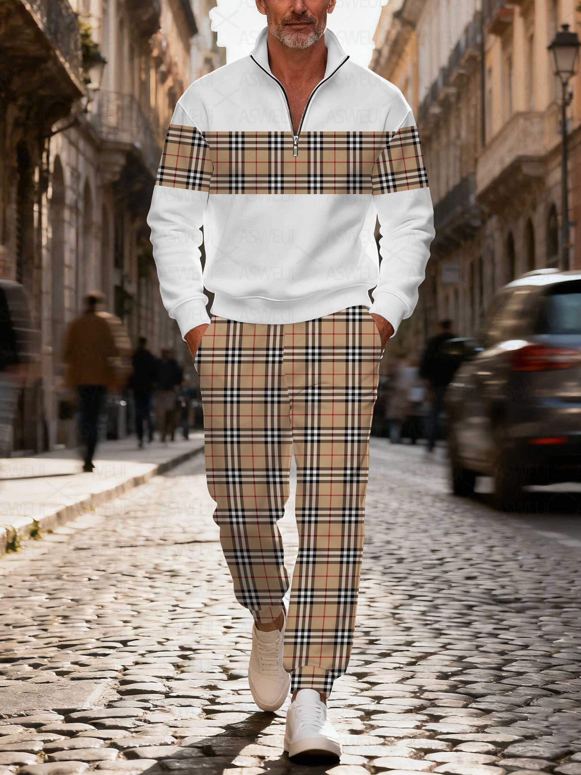 Men's stylish casual checkered print zipper long-sleeved two-piece set