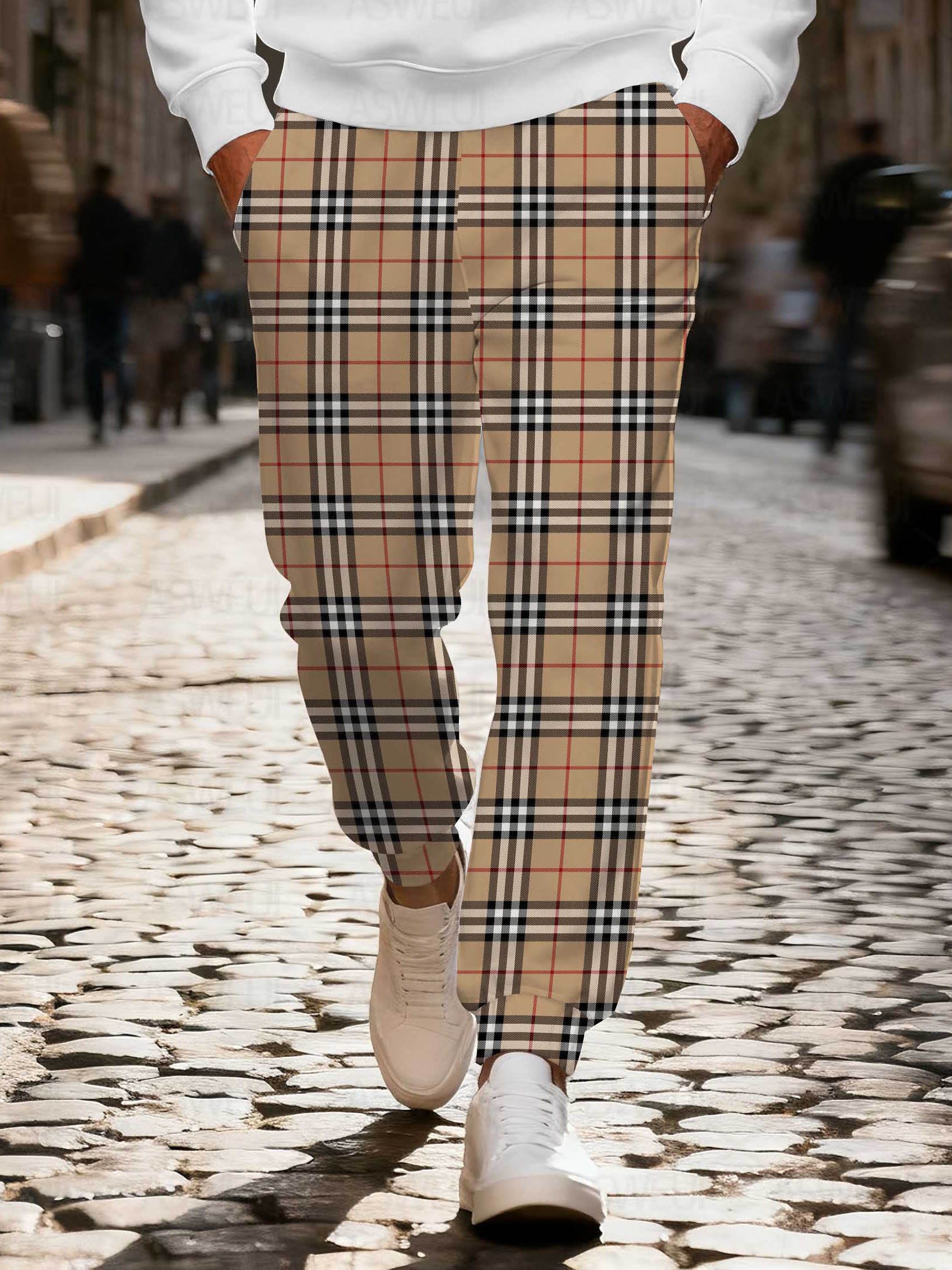 Men's stylish casual checkered print zipper long-sleeved two-piece set