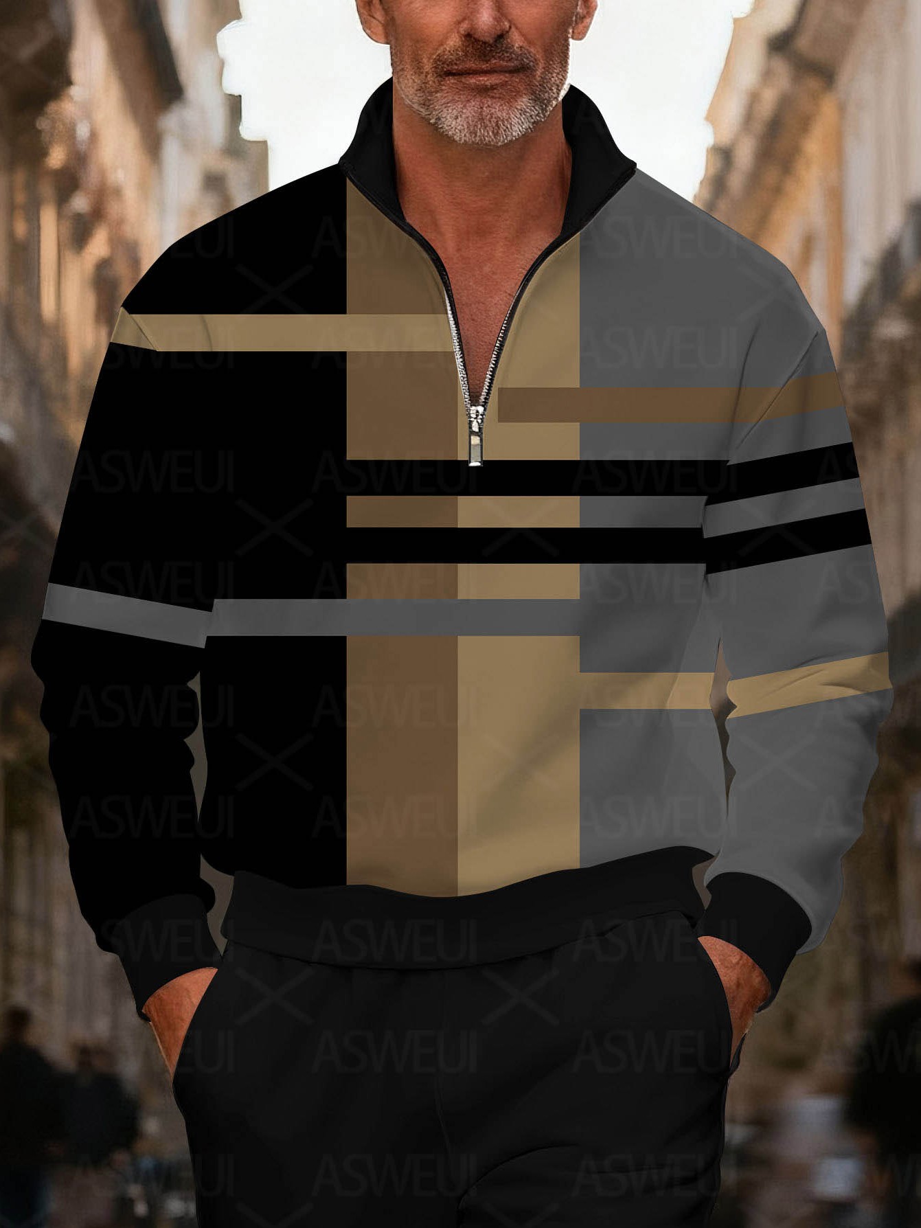 Men's fashionable casual geometric print zipper long-sleeved two-piece set