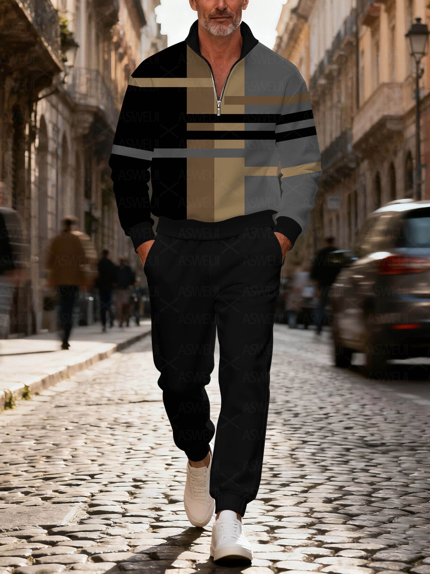 Men's fashionable casual geometric print zipper long-sleeved two-piece