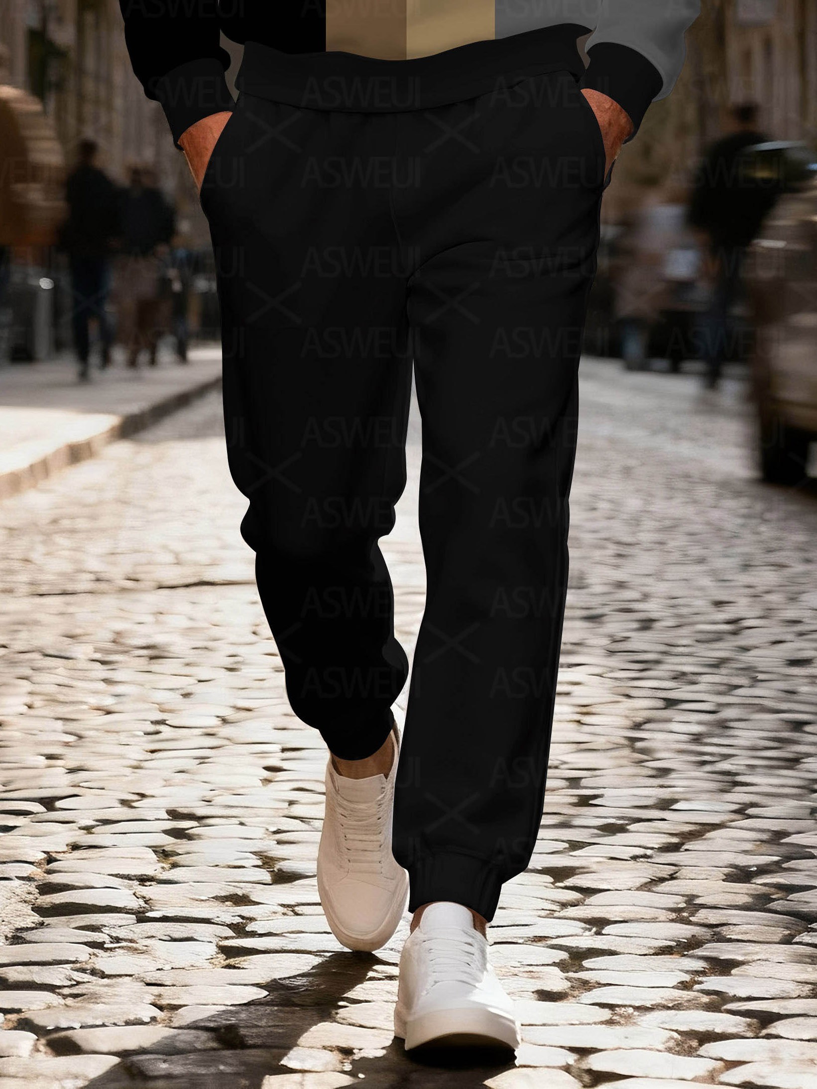 Men's fashionable casual geometric print zipper long-sleeved two-piece set