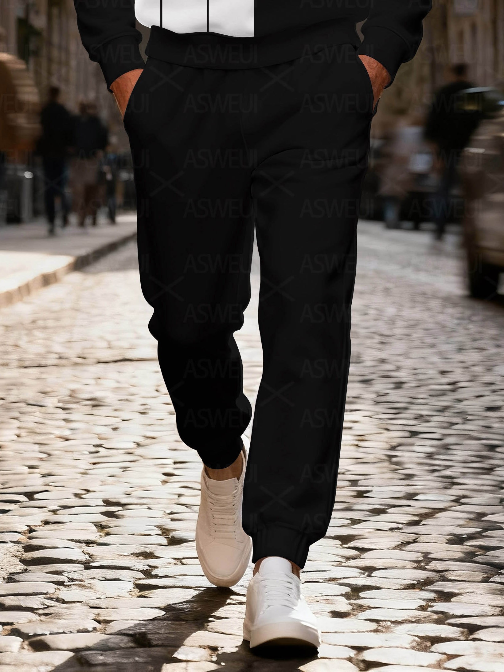 Men's fashionable casual black geometric print zipper long-sleeved two-piece set