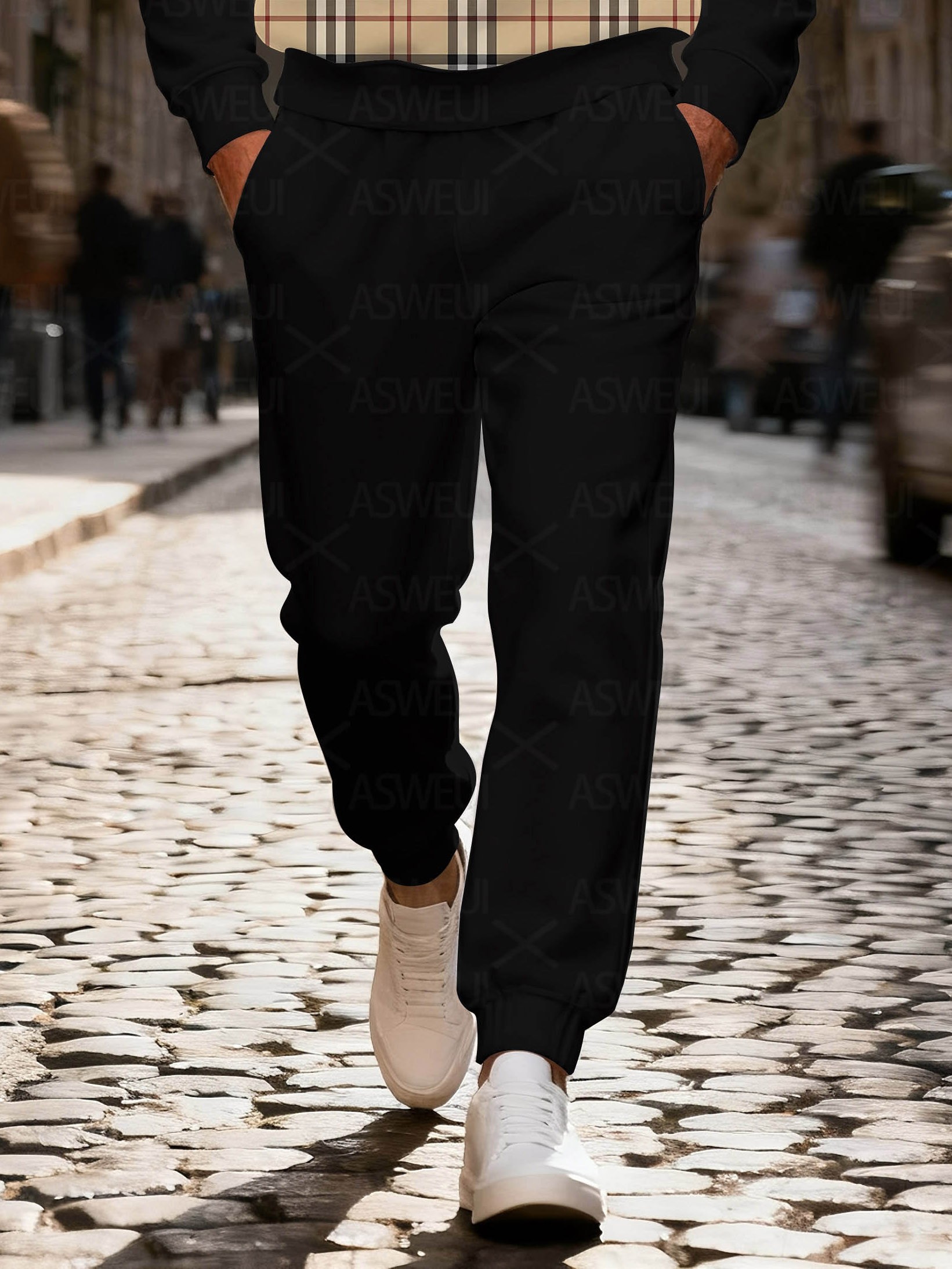 Men's fashionable black geometric print zipper long-sleeved two-piece set