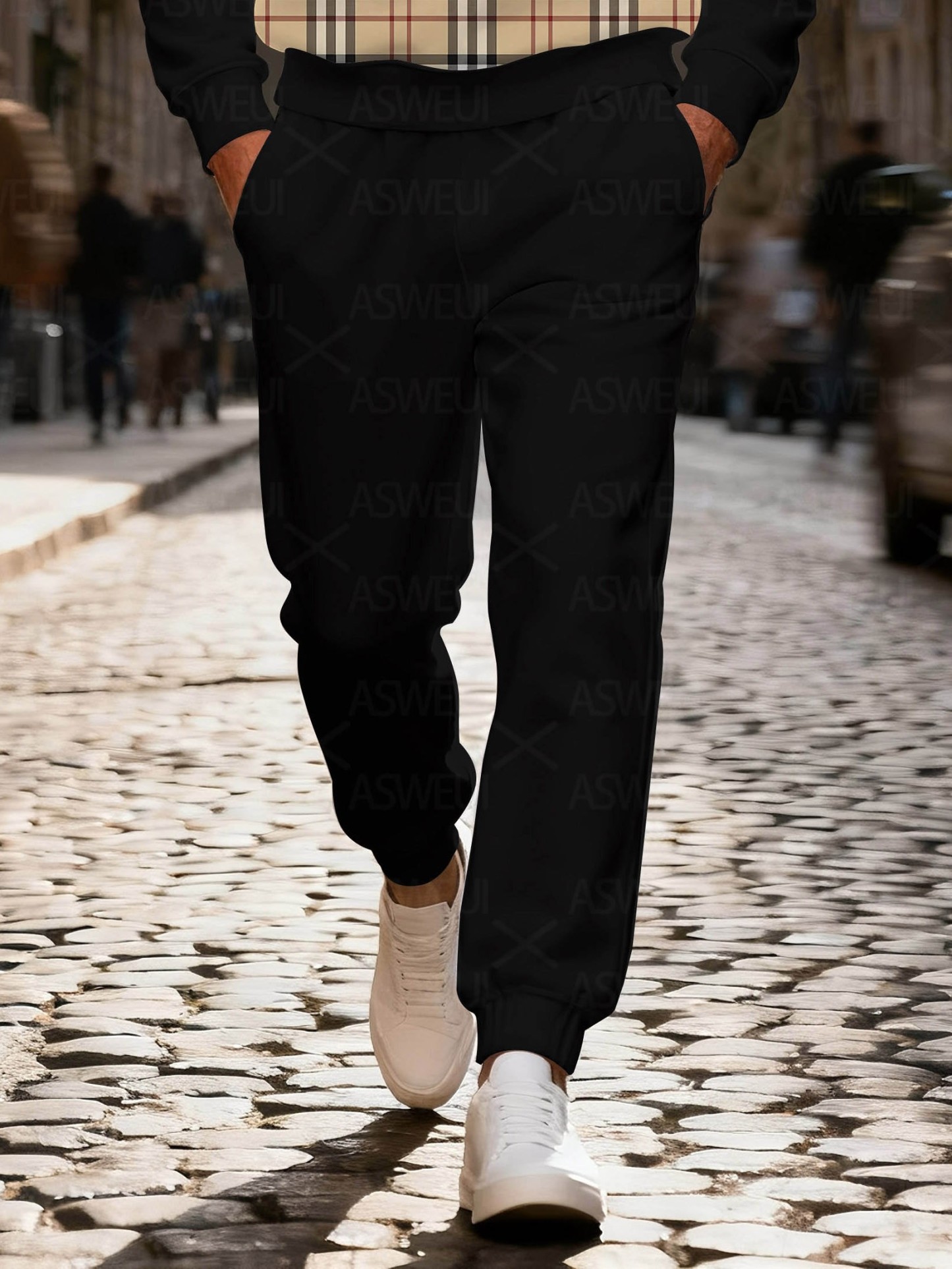 Men's fashionable black geometric print zipper long-sleeved two-piece set