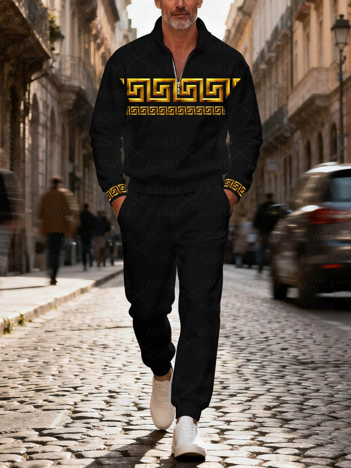 Men's fashionable black and gold geometric print zipper long-sleeved t