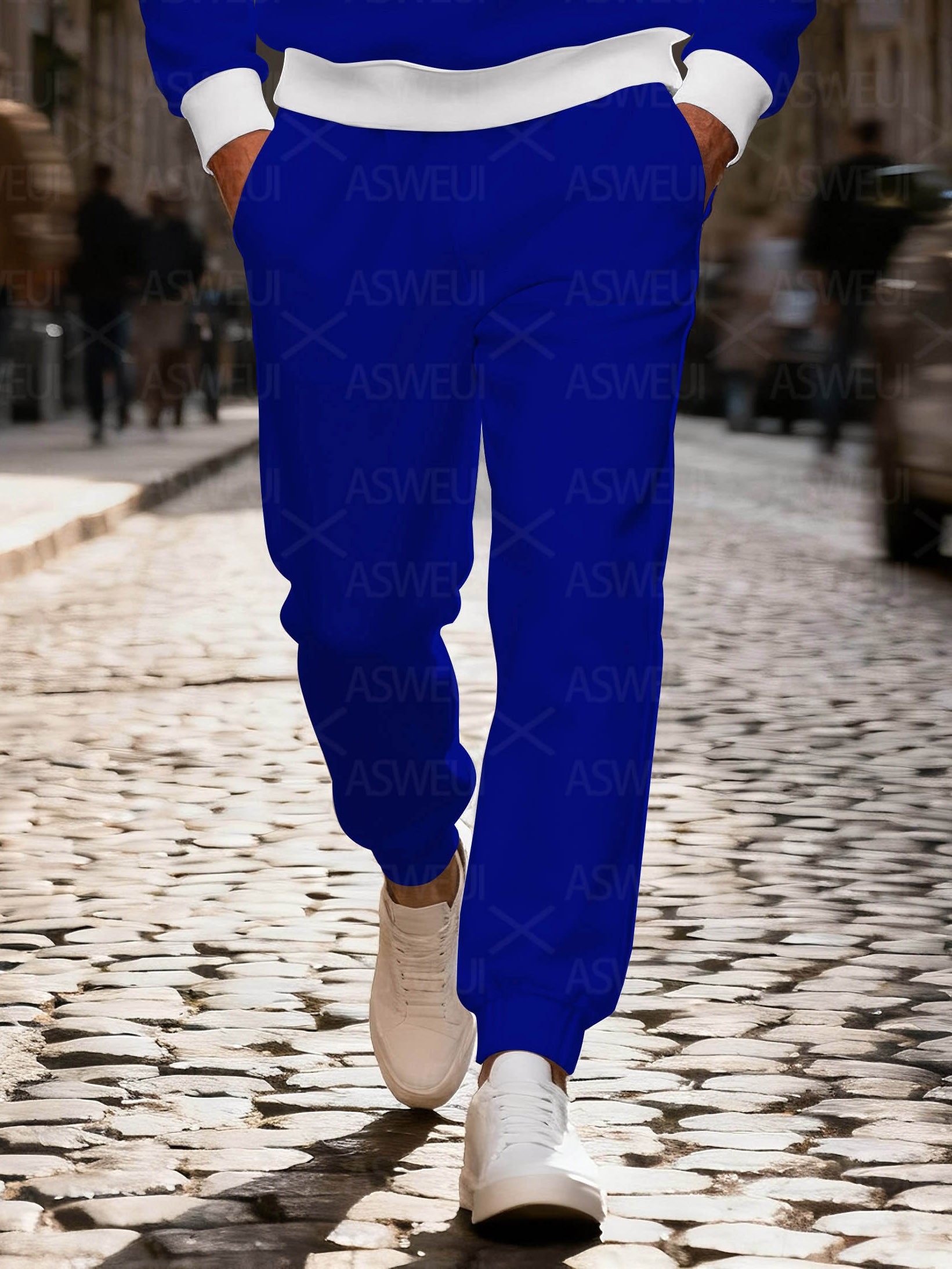 Men's fashionable casual blue printed zipper long-sleeved two-piece set