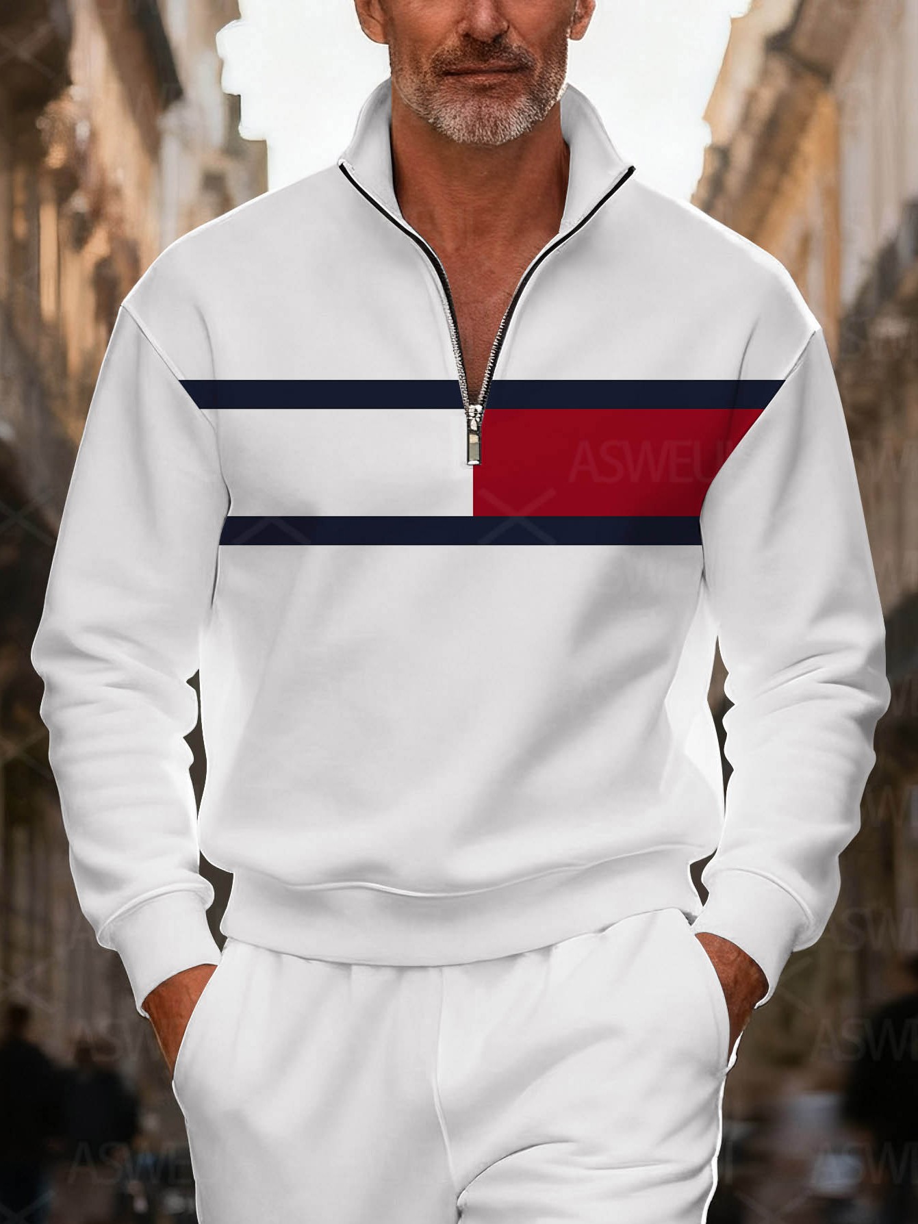 Men's fashionable white geometric print zipper long-sleeved two-piece set