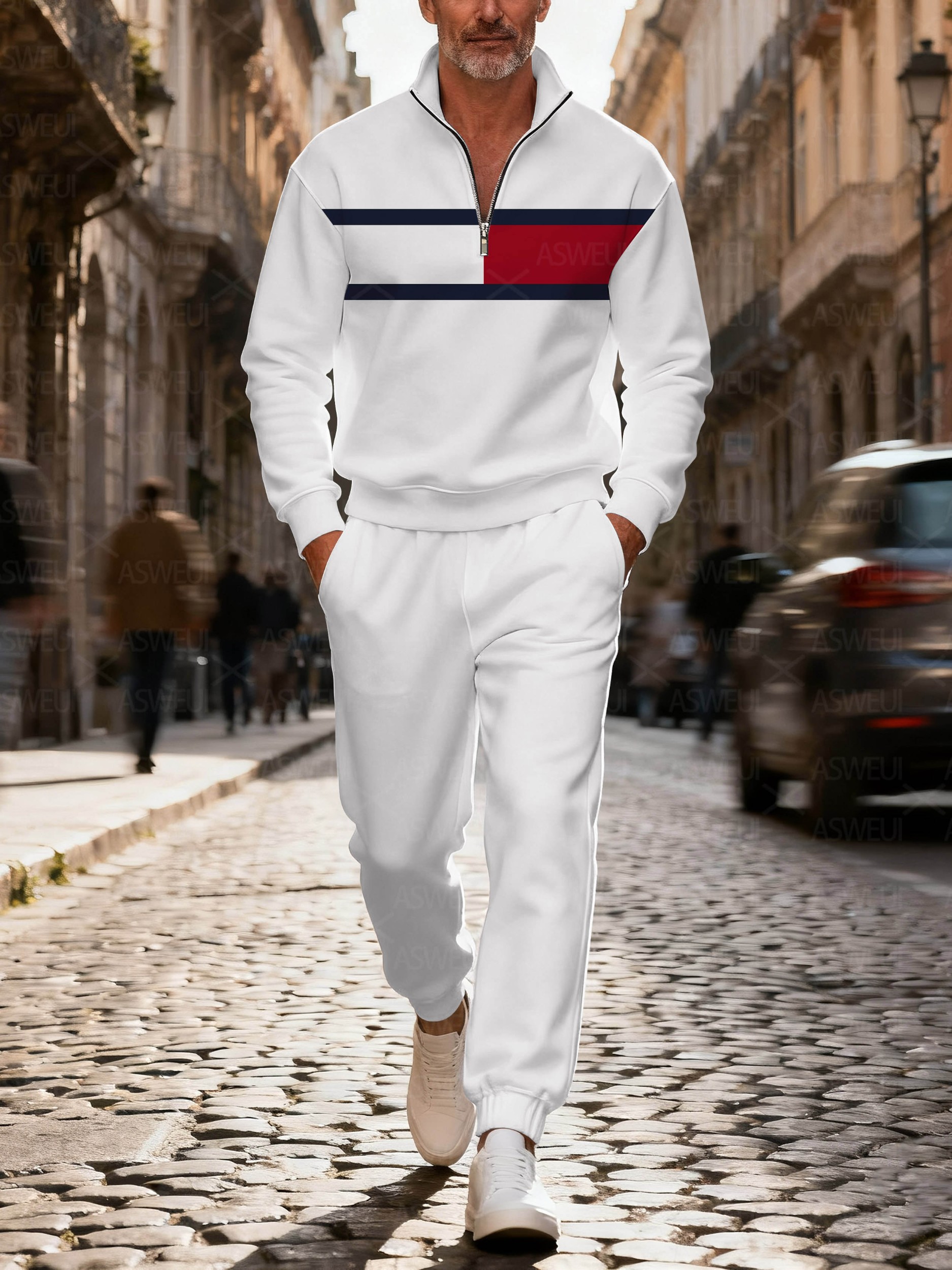 Men's fashionable white geometric print zipper long-sleeved two-piece set