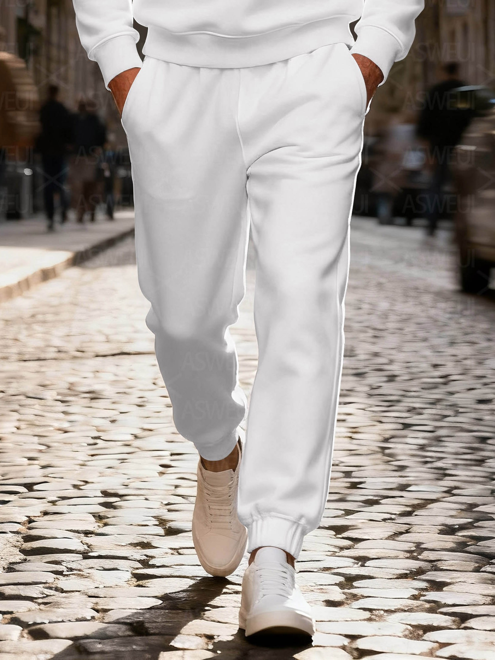 Men's fashionable white geometric print zipper long-sleeved two-piece set