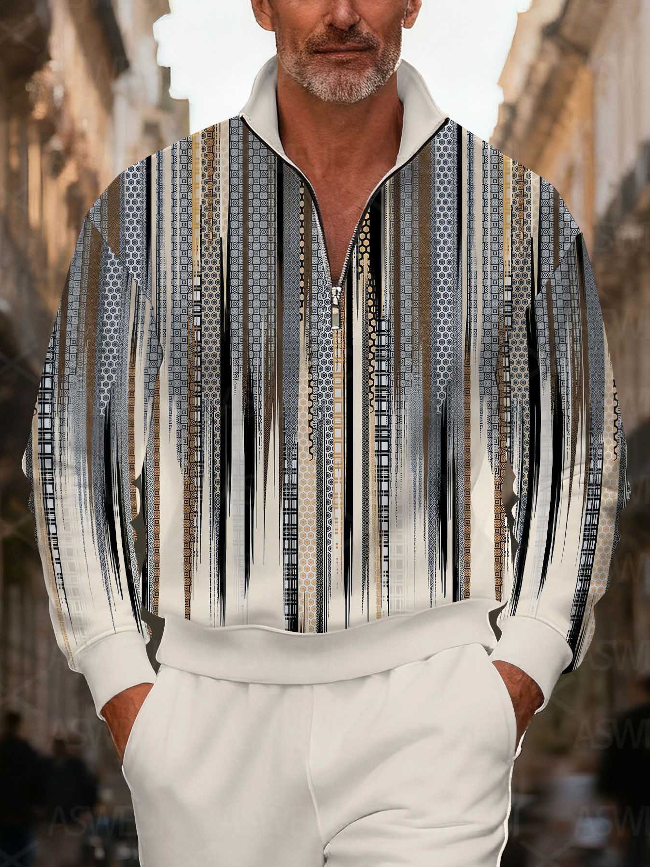 Men's fashionable khaki geometric print zipper long-sleeved two-piece set