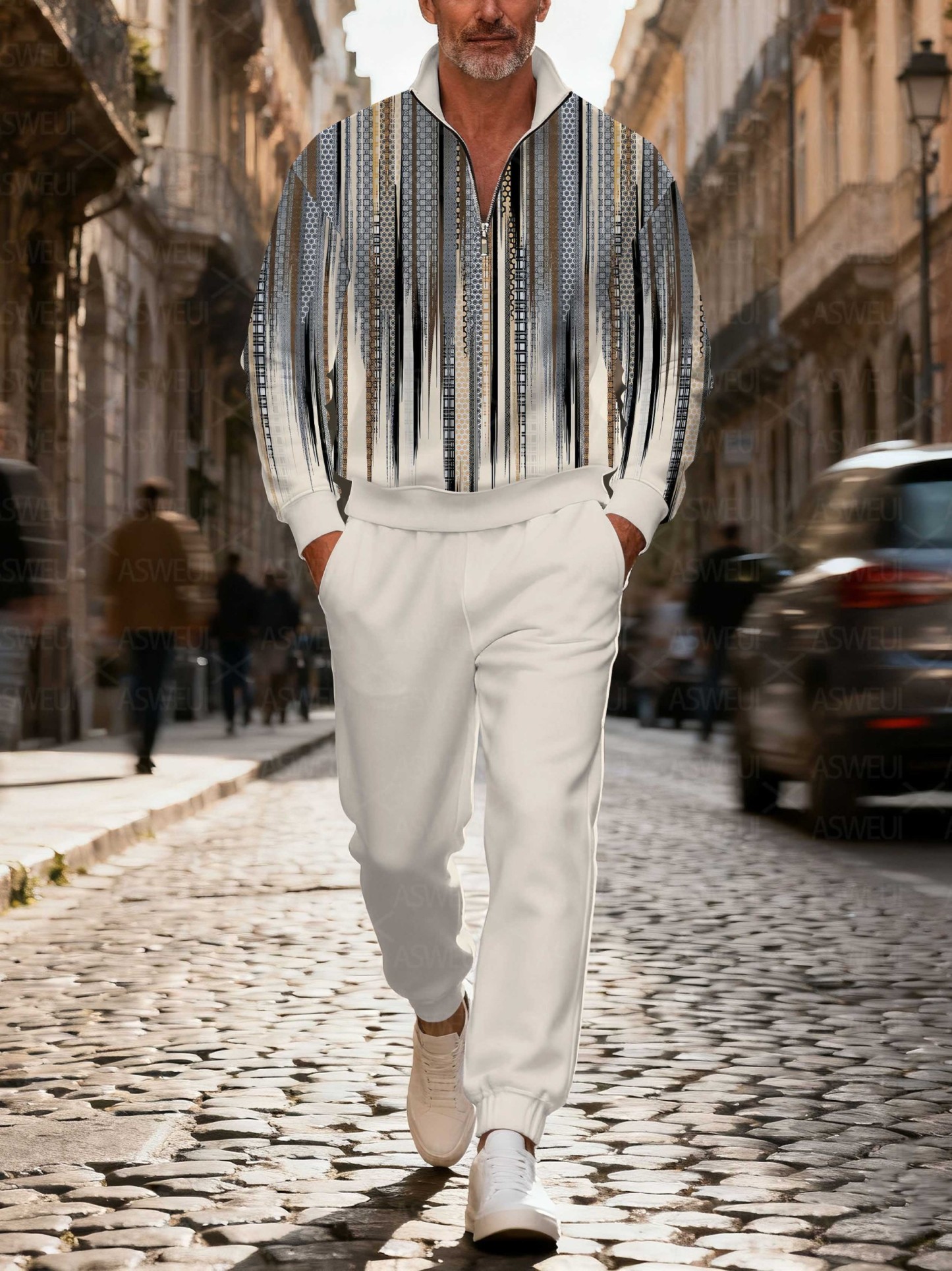 Men's fashionable khaki geometric print zipper long-sleeved two-piece 