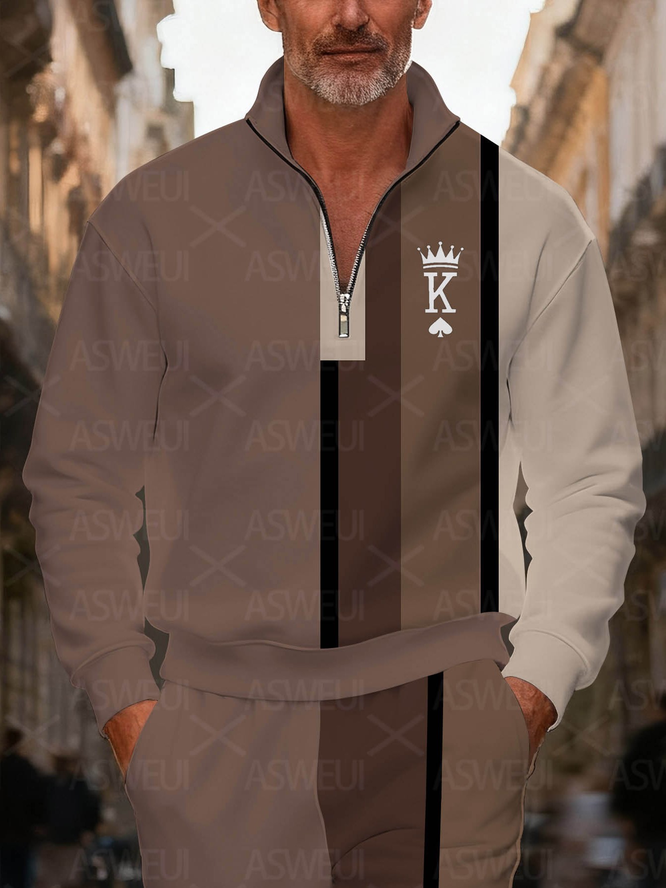 Men's fashionable brown printed zipper long-sleeved two-piece set