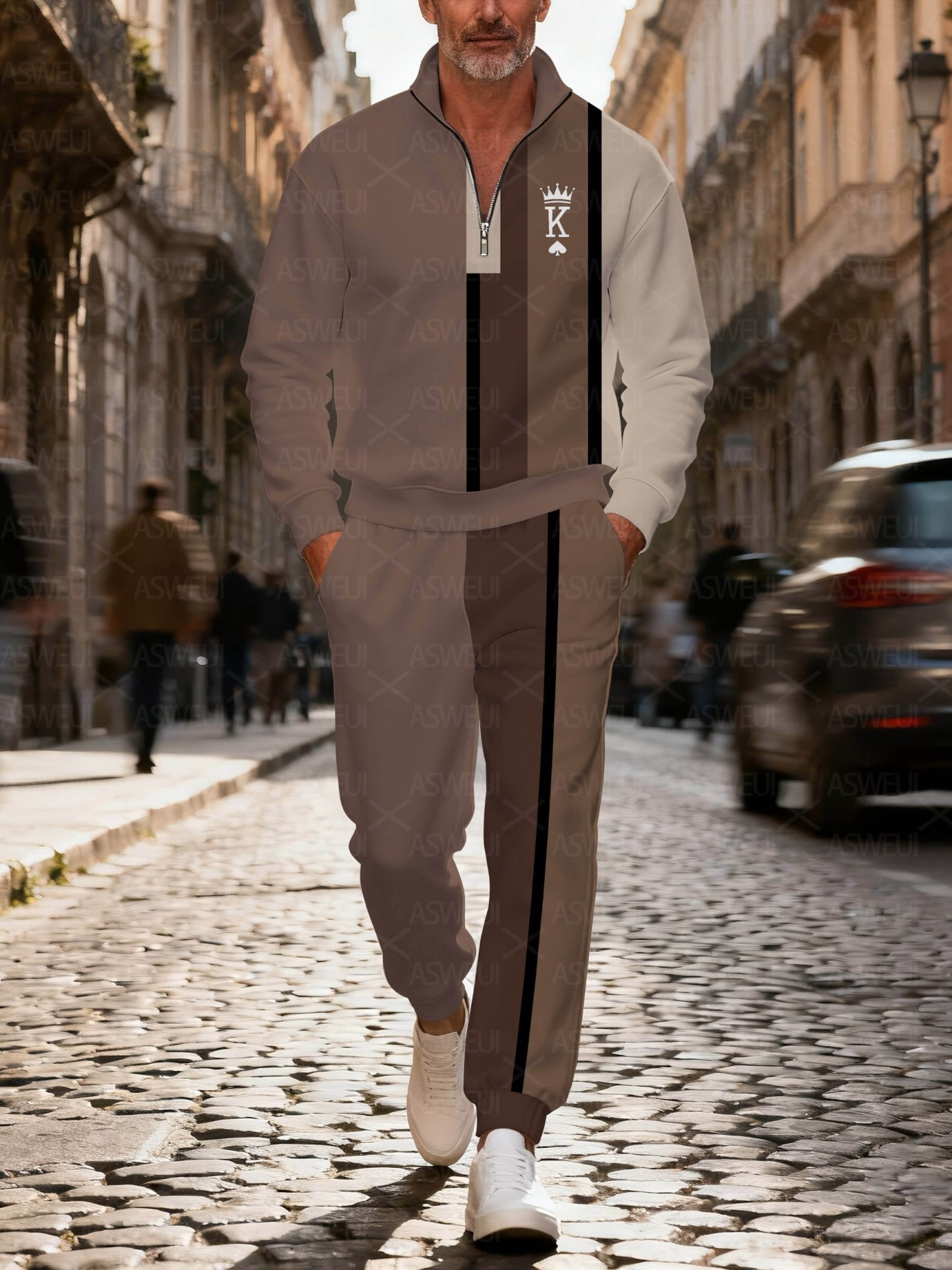 Men's fashionable brown printed zipper long-sleeved two-piece set