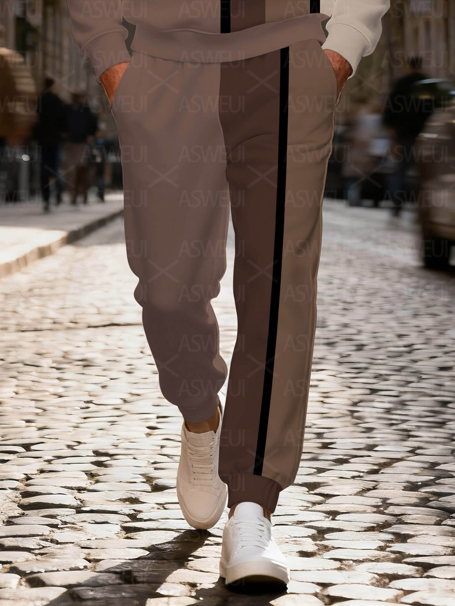 Men's fashionable brown printed zipper long-sleeved two-piece set