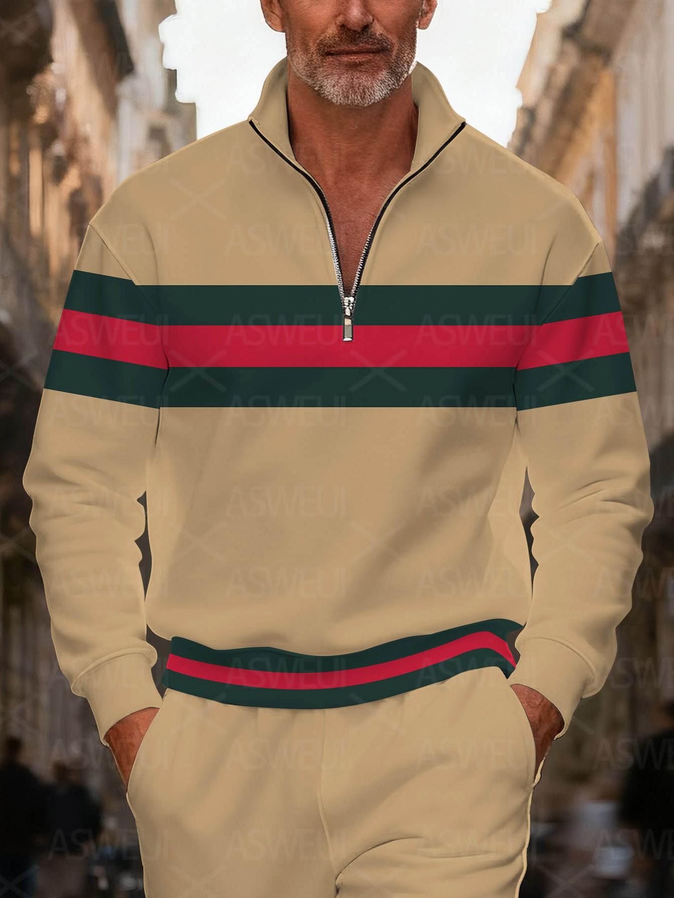 Men's fashionable khaki striped print zipper long-sleeved two-piece set