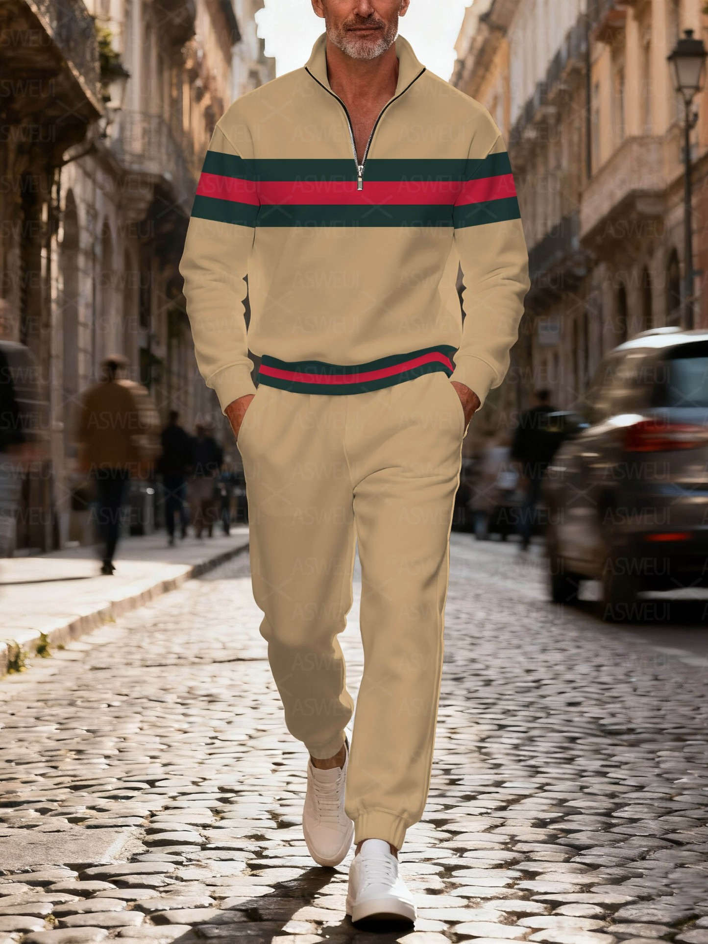 Men's fashionable khaki striped print zipper long-sleeved two-piece se