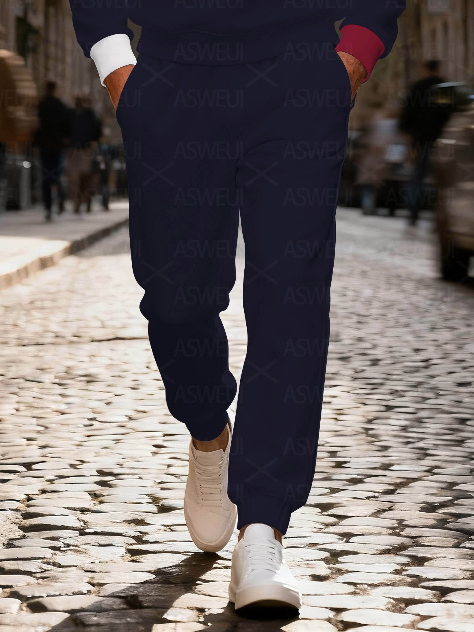 Men's fashionable dark blue geometric print zipper long-sleeved two-piece set