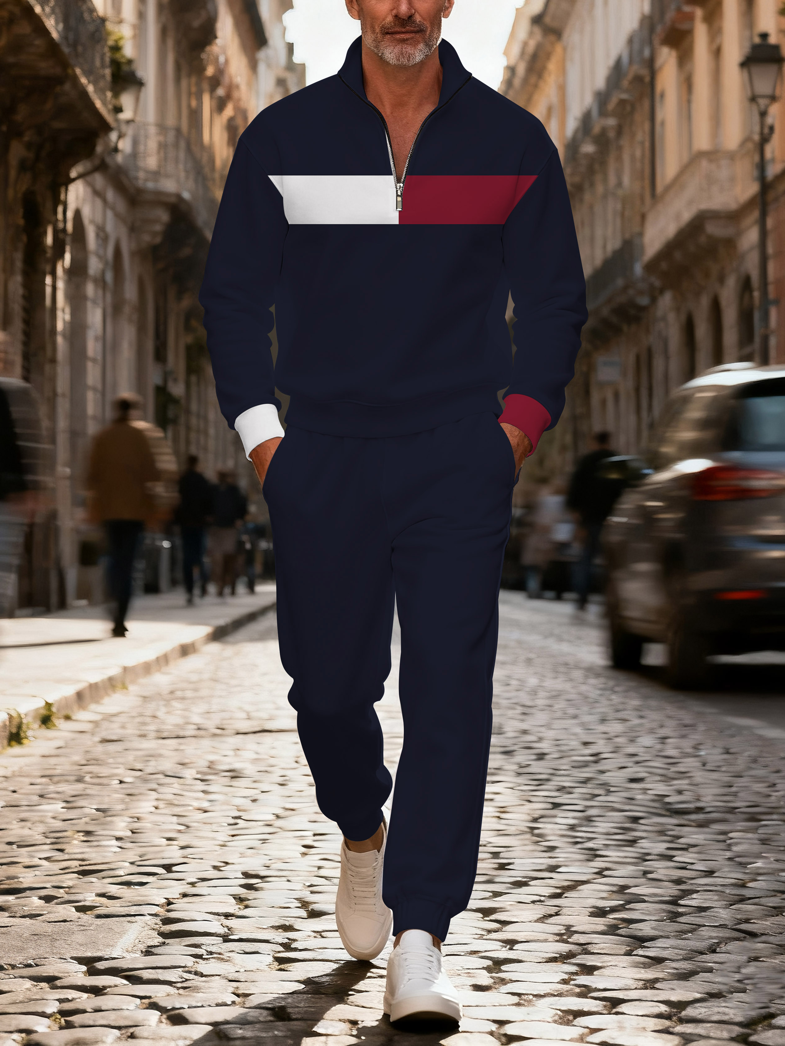 Men's fashionable dark blue geometric print zipper long-sleeved two-piece set