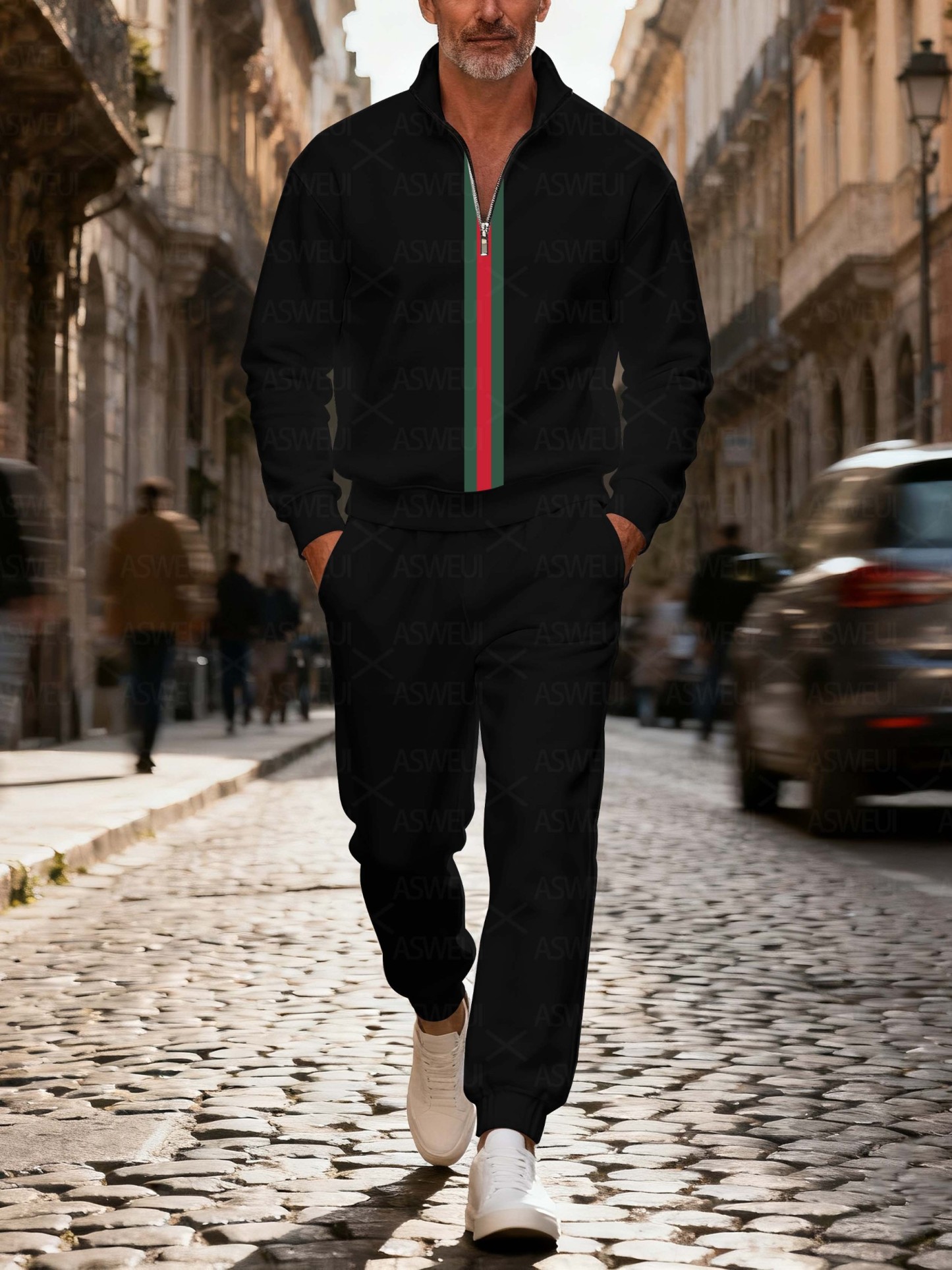 Men's fashionable black striped zipper long-sleeved two-piece set