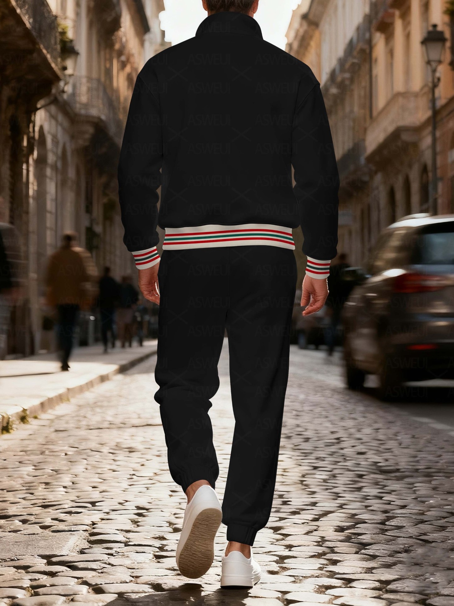 Men's casual fashionable black striped zipper long-sleeved two-piece set