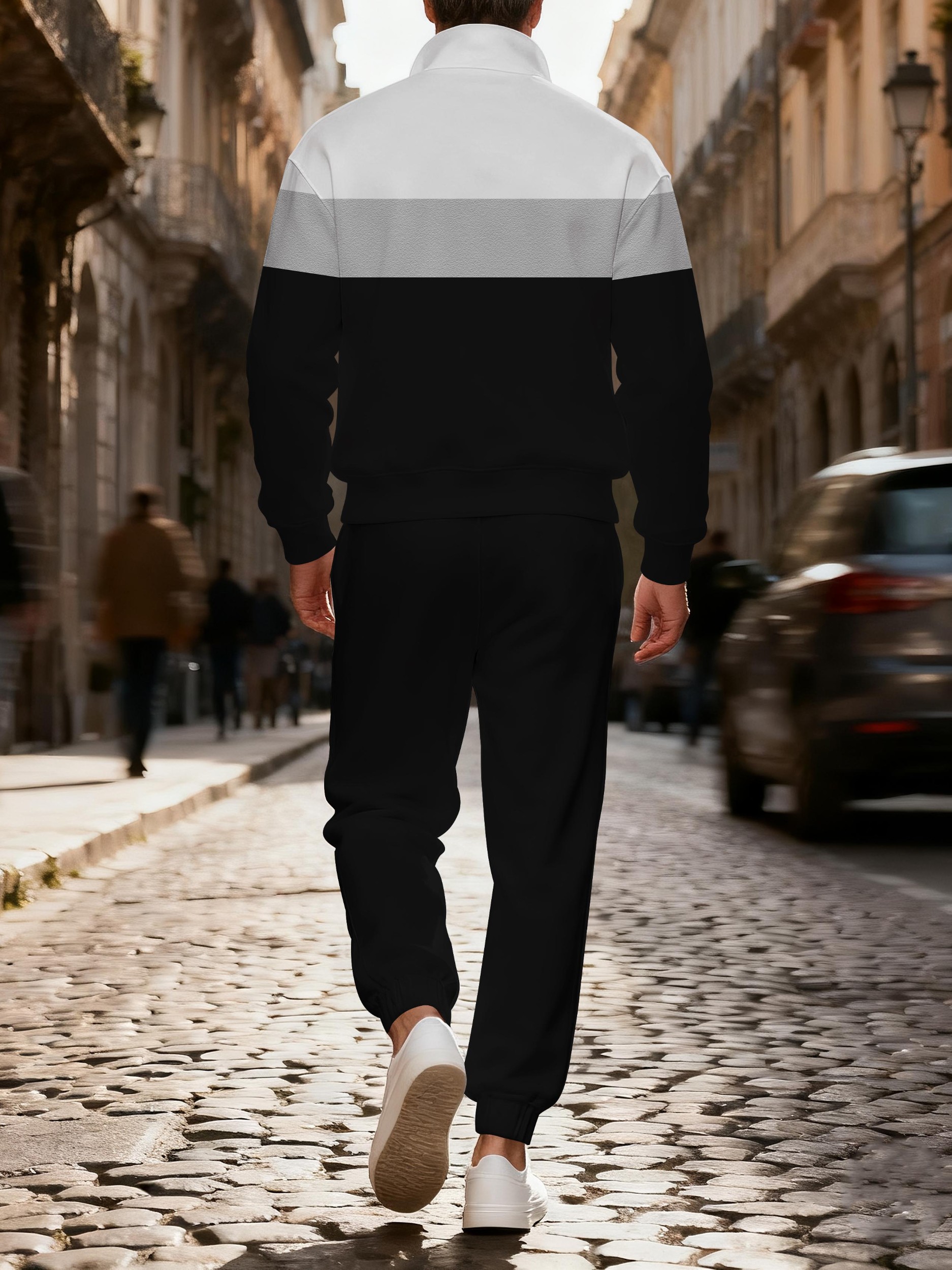 Men's casual fashionable black and gray zipper long-sleeved two-piece set