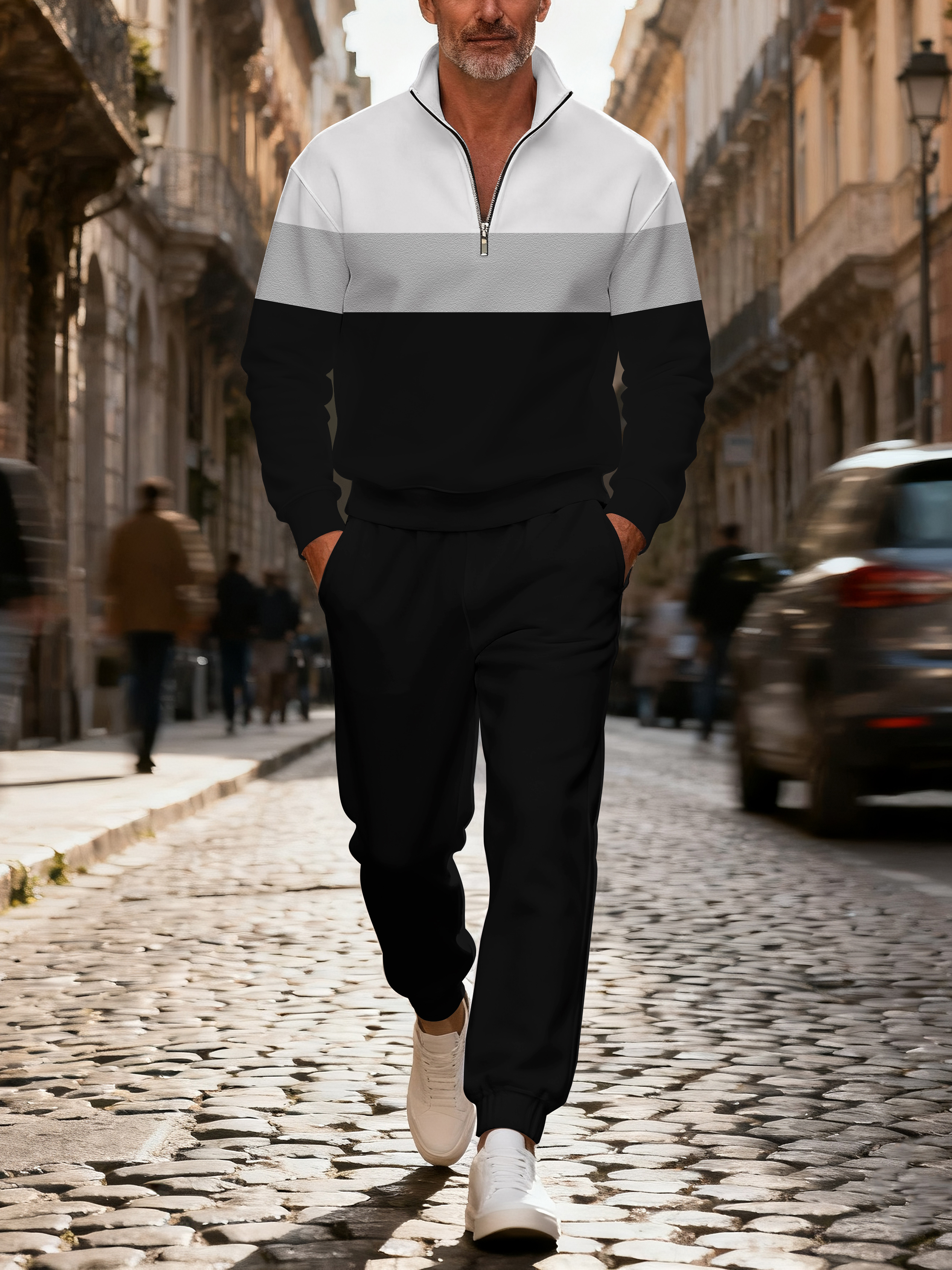 Men's casual fashionable black and gray zipper long-sleeved two-piece set