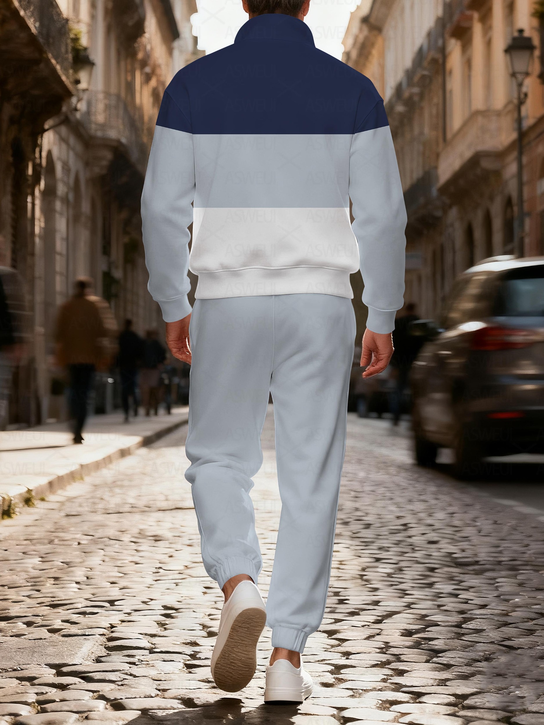 Men's casual fashionable blue-striped button-down long-sleeved two-piece set