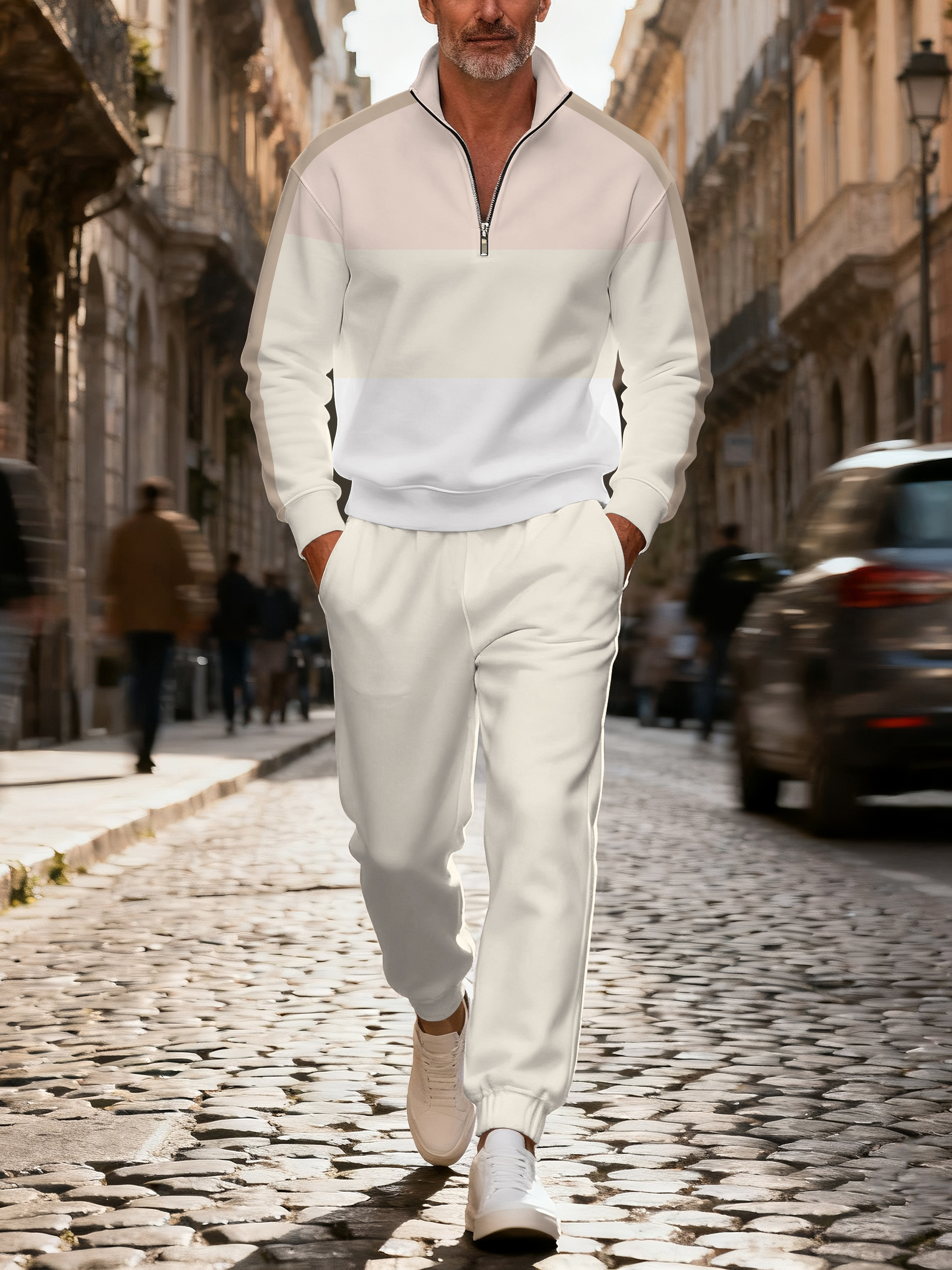 Men's casual and fashionable multi-color zipper long-sleeved two-piece