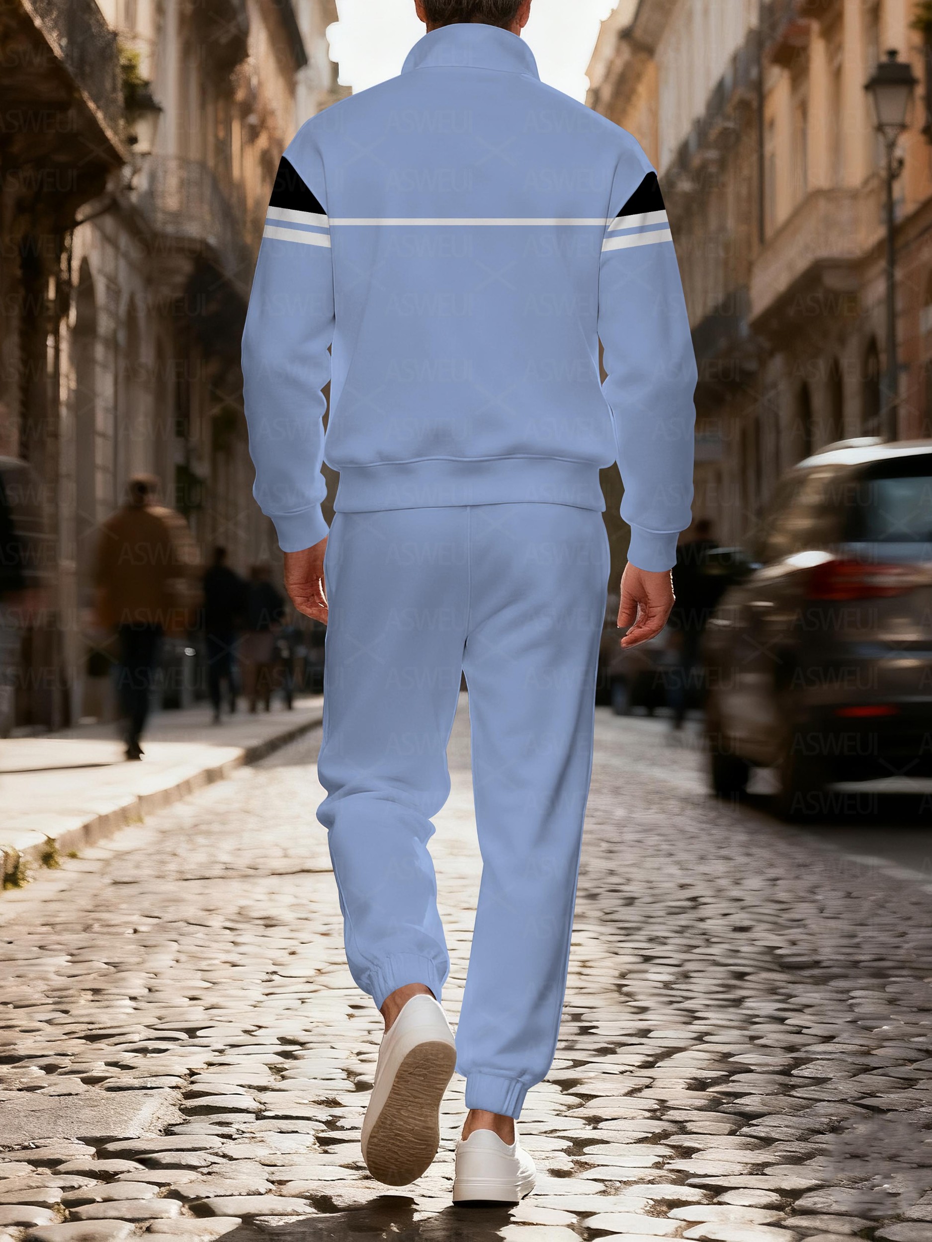 Men's casual fashionable blue striped print zipper long-sleeved two-piece set